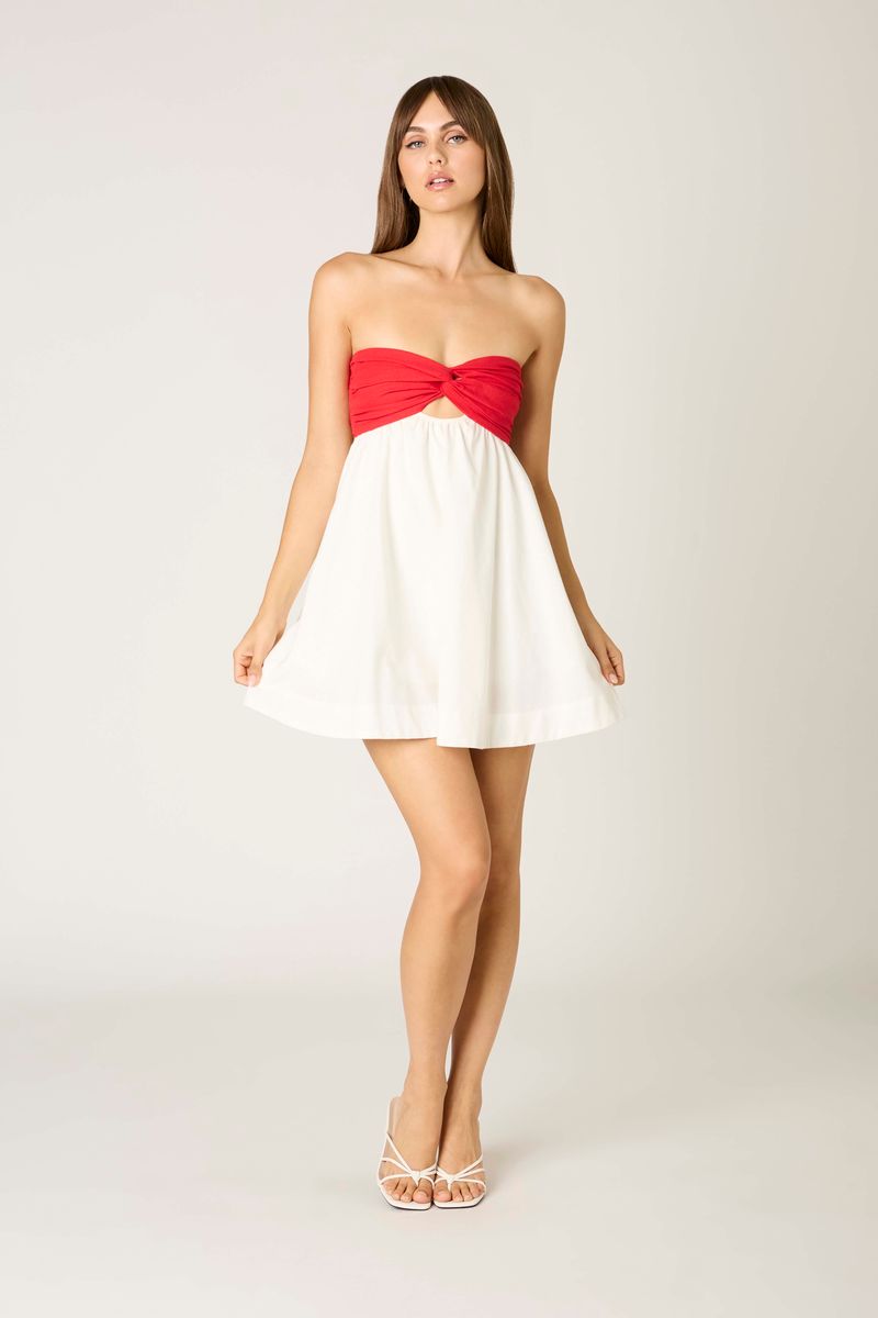 Two-Tone Strapless Mini Dress in red front view