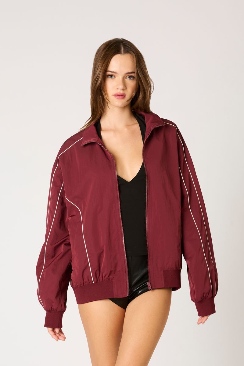 Nylon Bomber Jacket in burgundy front view