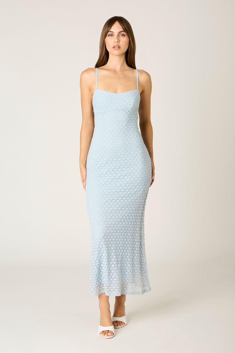Textured Mesh Midi Dress in slate blue front view