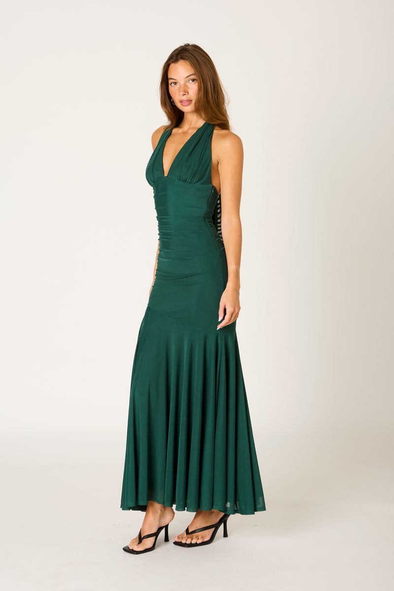 Stretch Mesh Halter Gown in pine side view