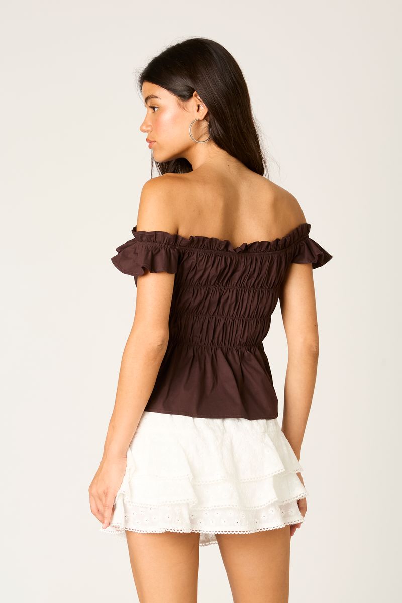 Off-the-shoulder Smocked Top in chocolate back view