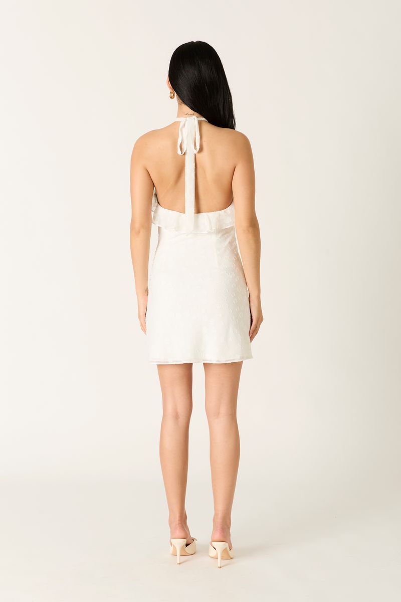 Ruffle Trim Halter Mini Dress in white back view
