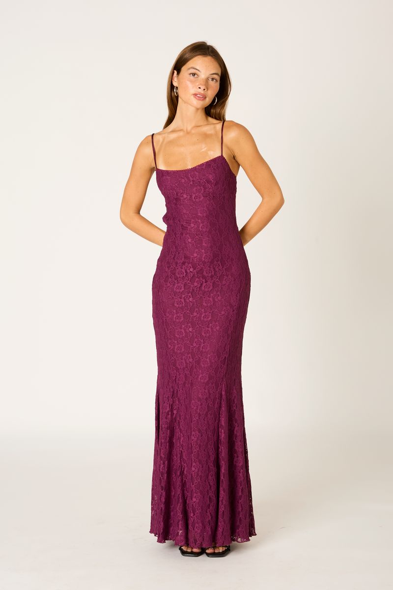 Lace Maxi Dress in plum front view