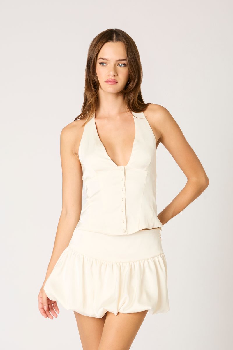 Tuxedo Satin Halter Top in ivory front view