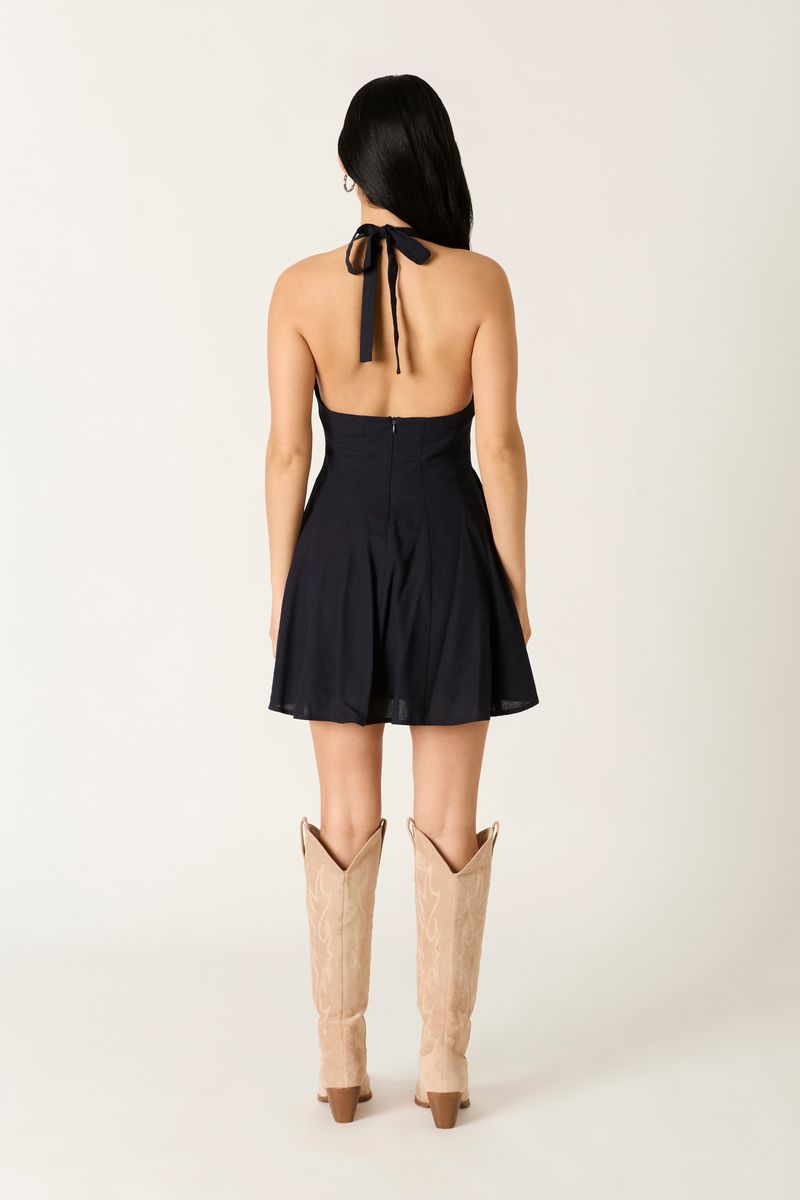 Plunge Halter Fit & Flare Mini Dress in navy back view