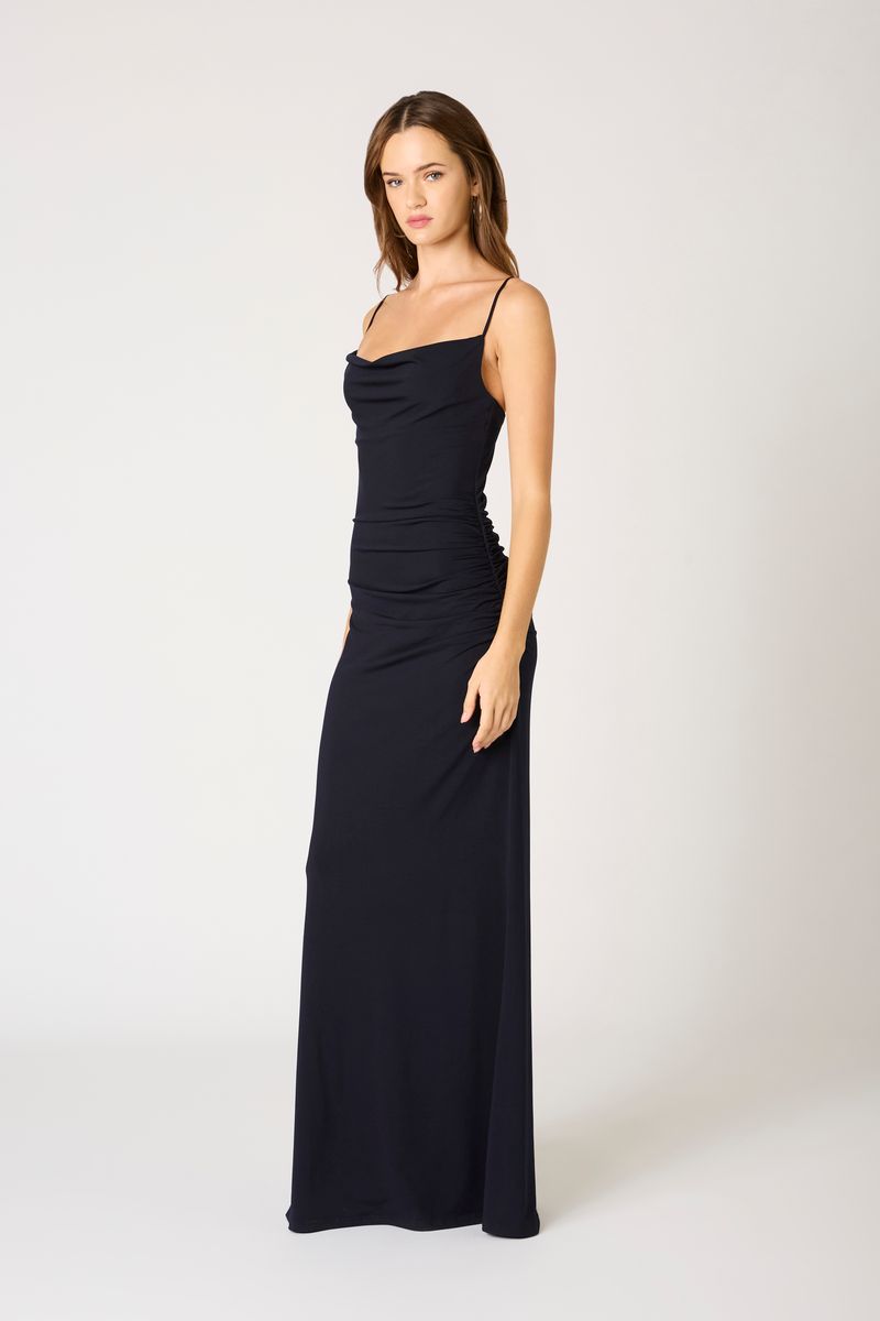 Cowl Neck Knit Gown in midnight side view 