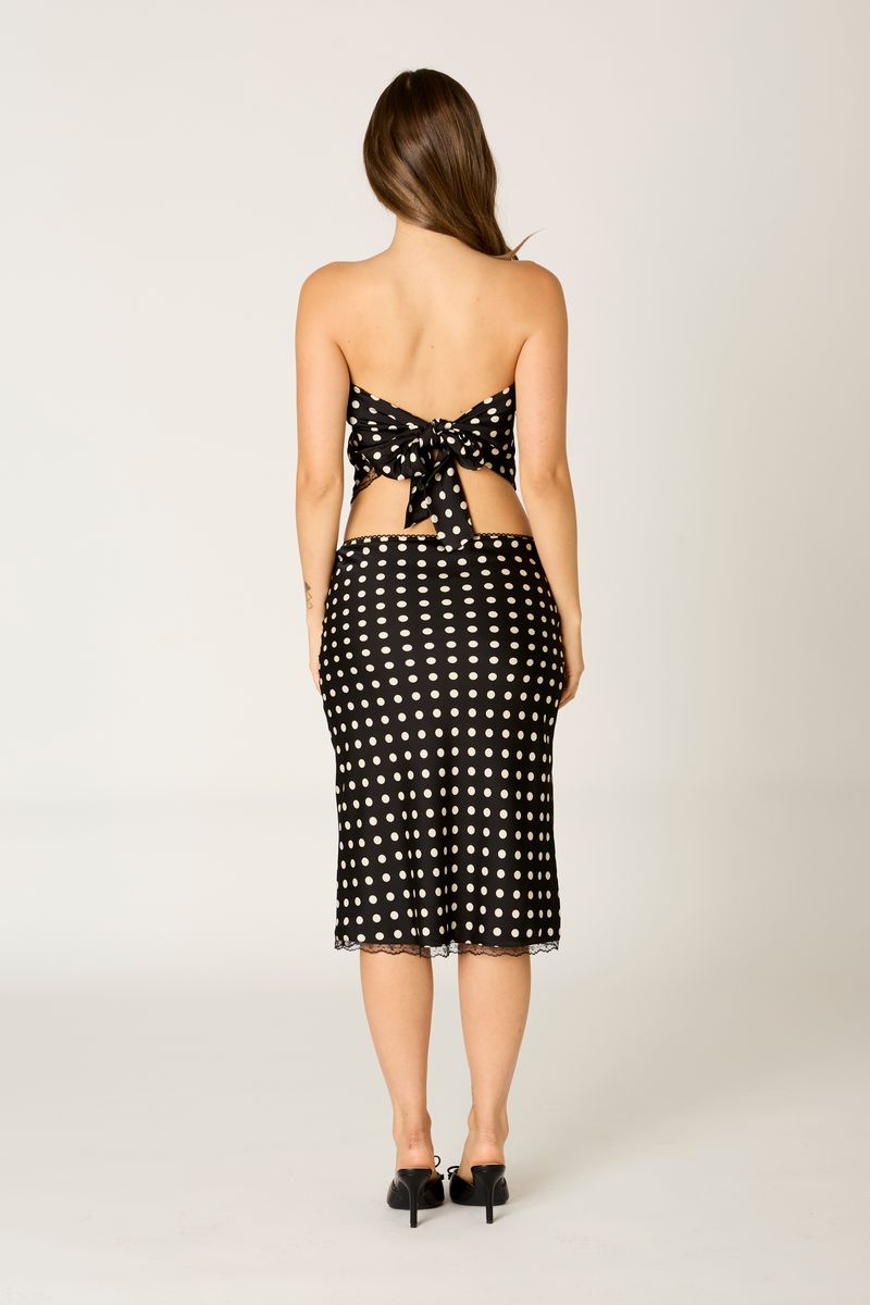 Lace Trim Polka Dot Midi Skirt in black back view