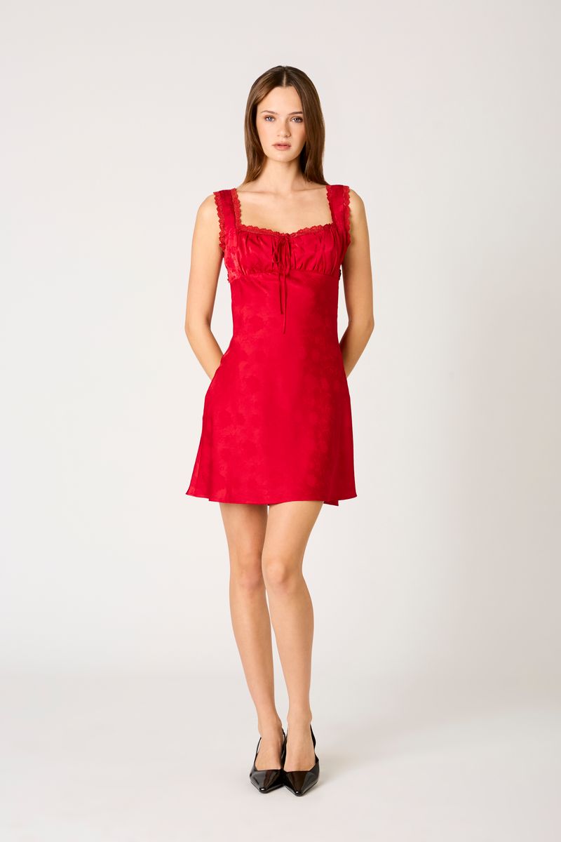 Satin Milkmaid Mini Dress in crimson front view