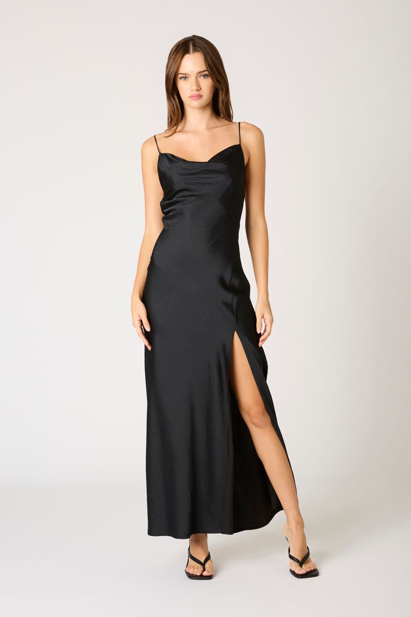 Cowl Neck High Slit Gown in black front view