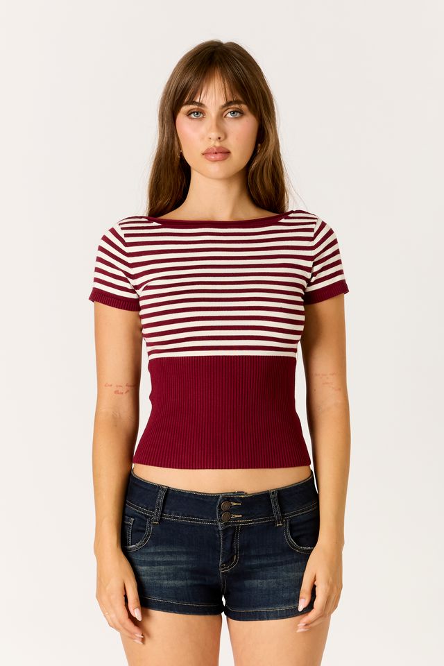 Striped Knit Sweater Top in wine/white front view