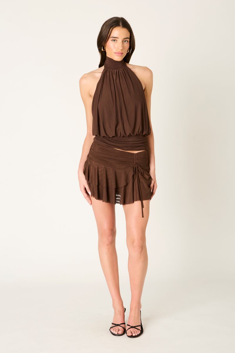 Mesh Halter Top in chocolate front view