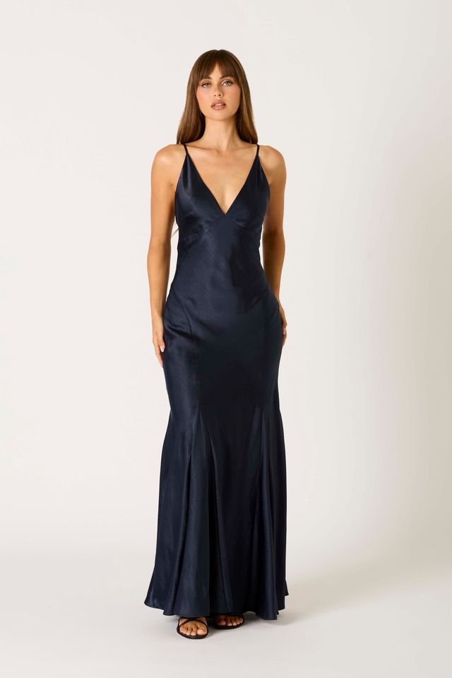 Satin Flared Maxi Dress in midnight front view