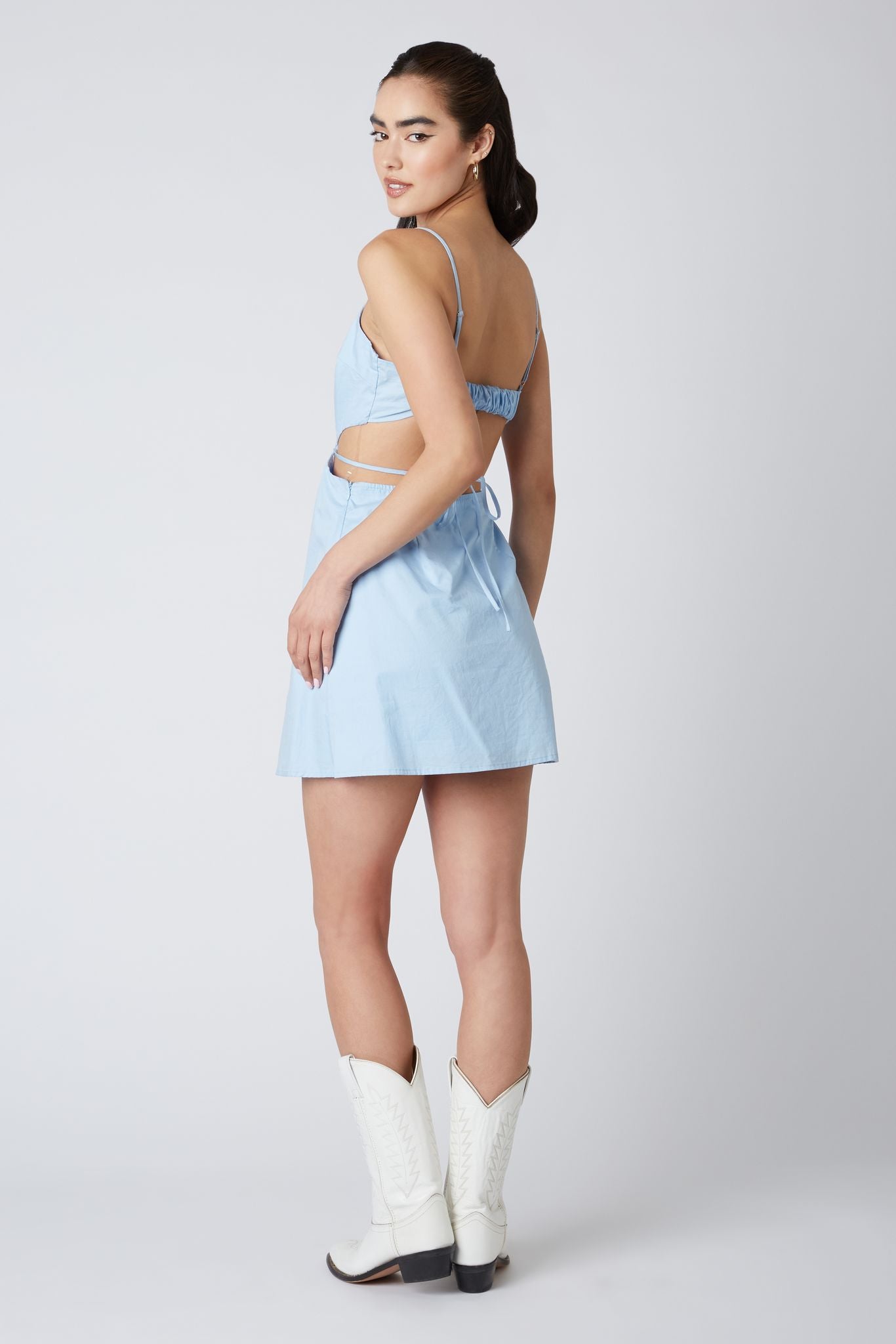 Poplin Cut Out Mini Dress in Chambray Back View