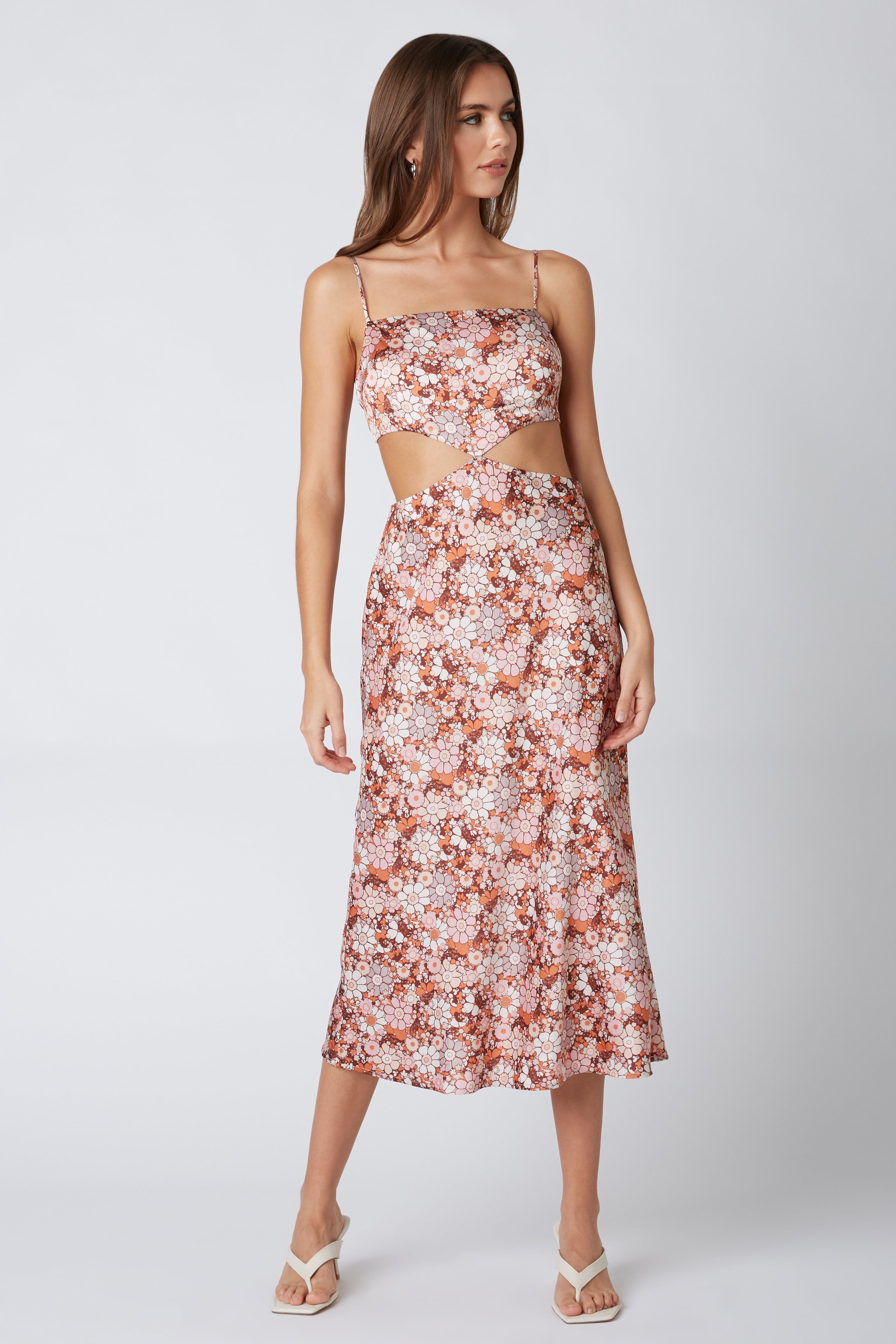 RETRO CUT OUT MIDI DRESS IN AMBER FLORAL PRINT FRONT VIEW