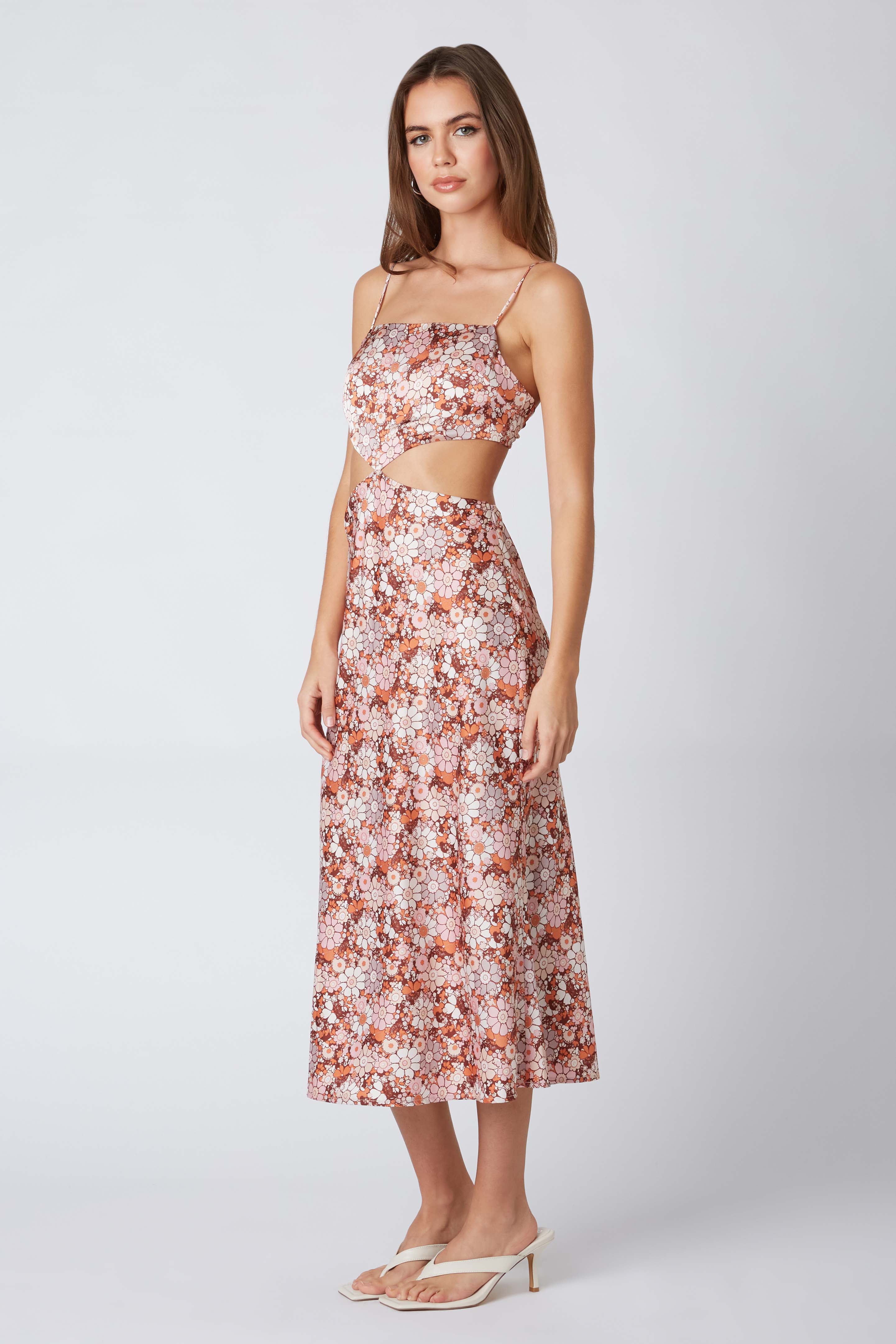RETRO CUT OUT MIDI DRESS IN AMBER FLORAL PRINT SIDE VIEW