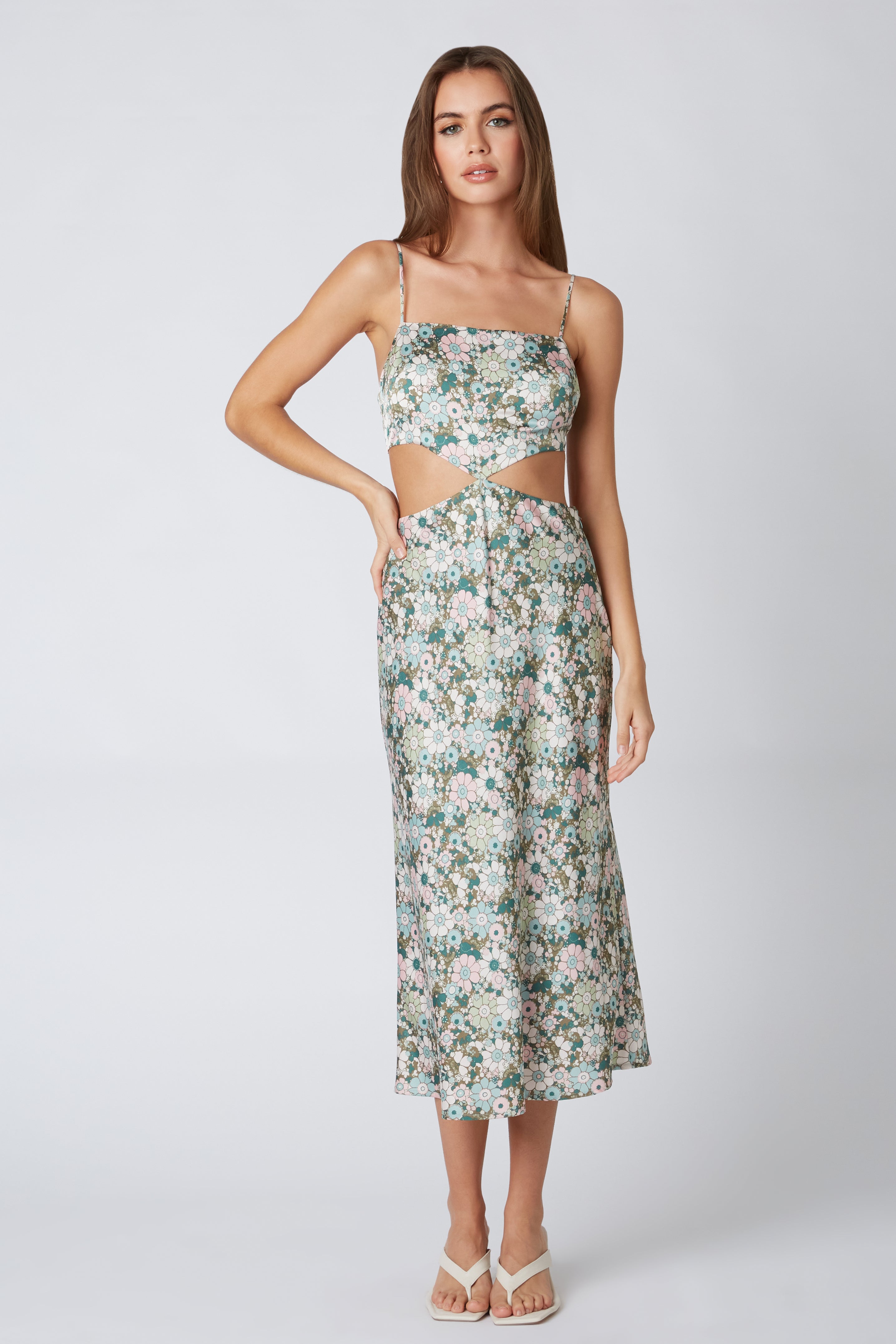 RETRO CUT OUT MIDI DRESS IN BASIL FLORAL PRINT FRONT VIEW