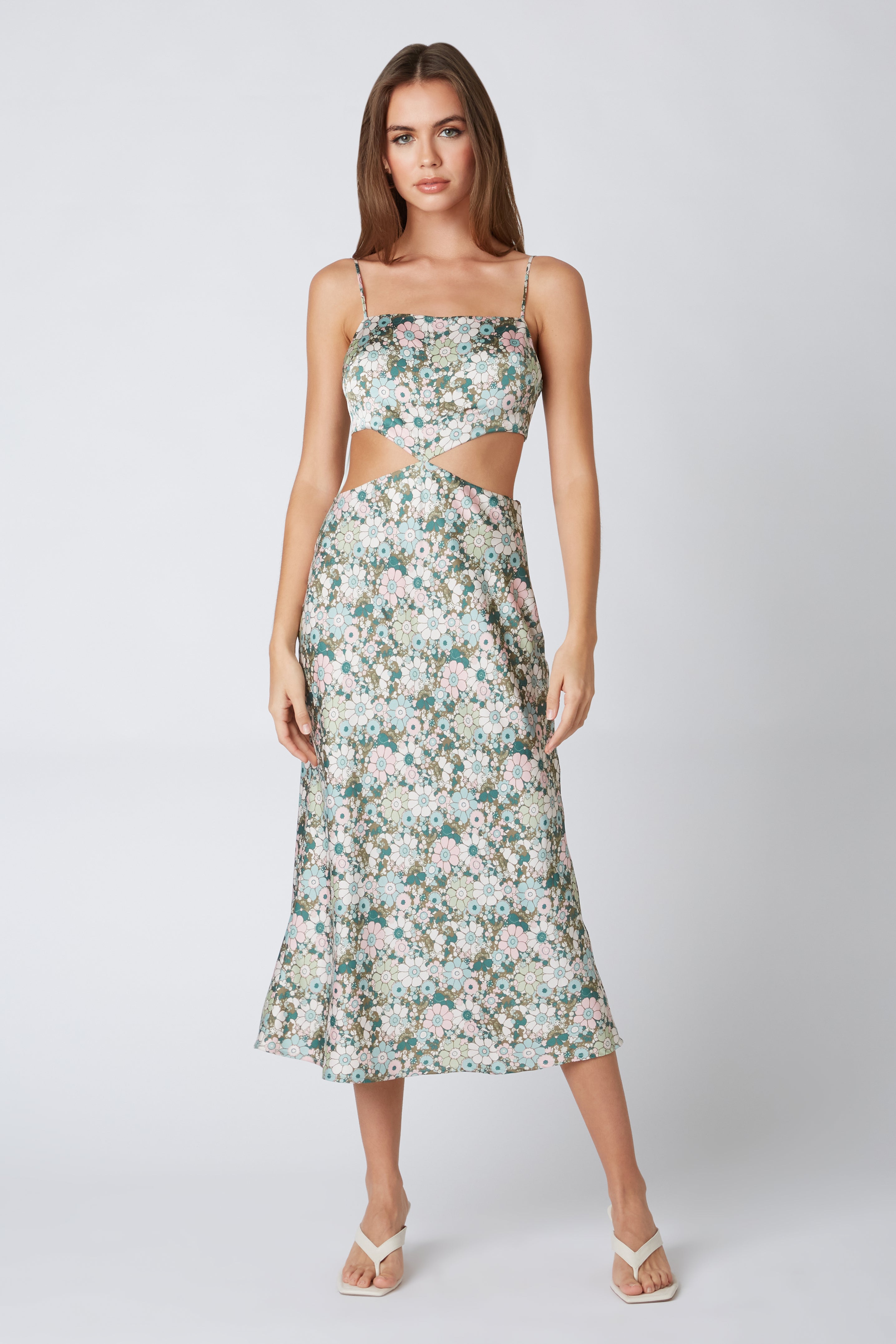 RETRO CUT OUT MIDI DRESS IN BASIL FLORAL PRINT FRONT VIEW