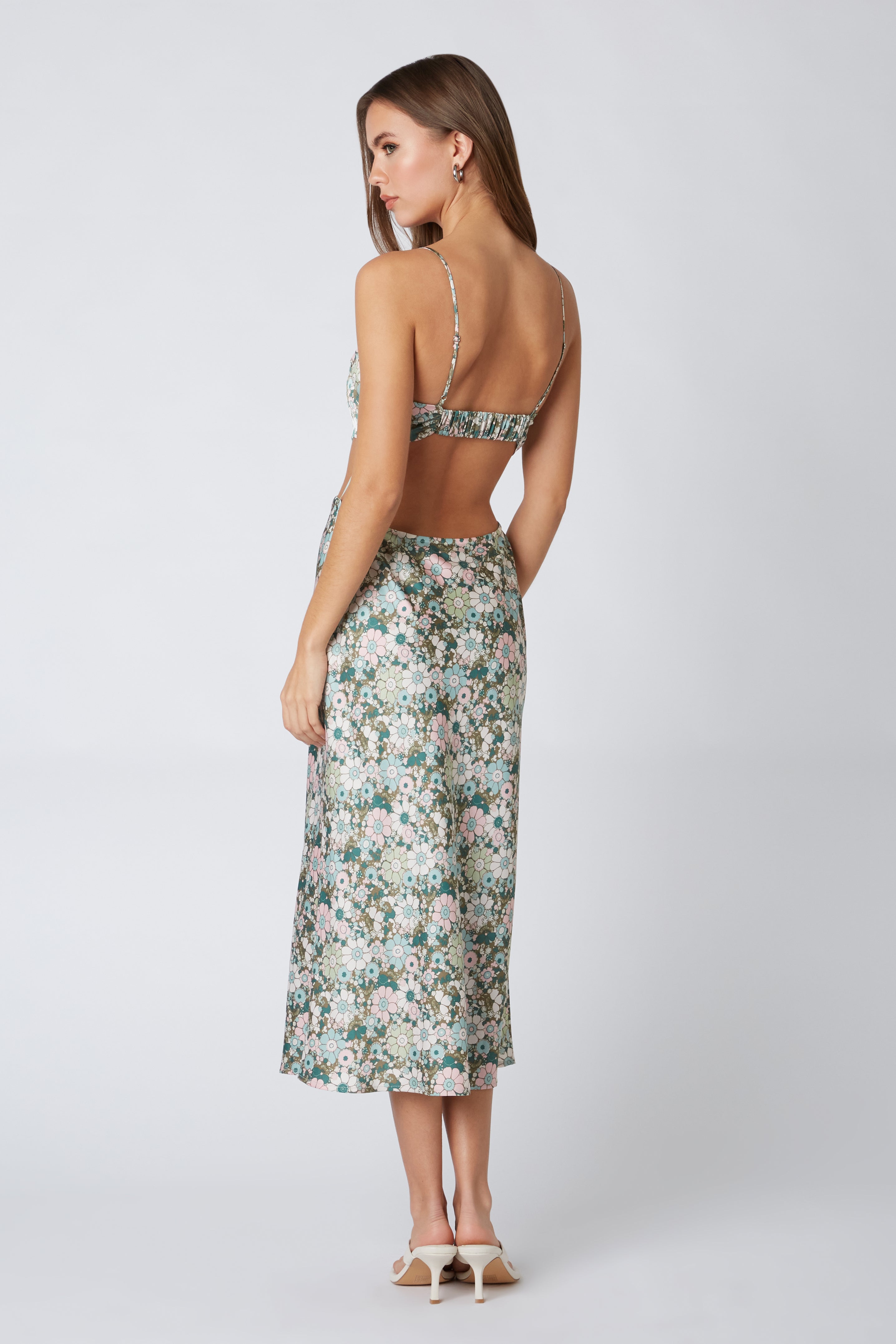 RETRO CUT OUT MIDI DRESS IN BASIL FLORAL PRINT BACK VIEW