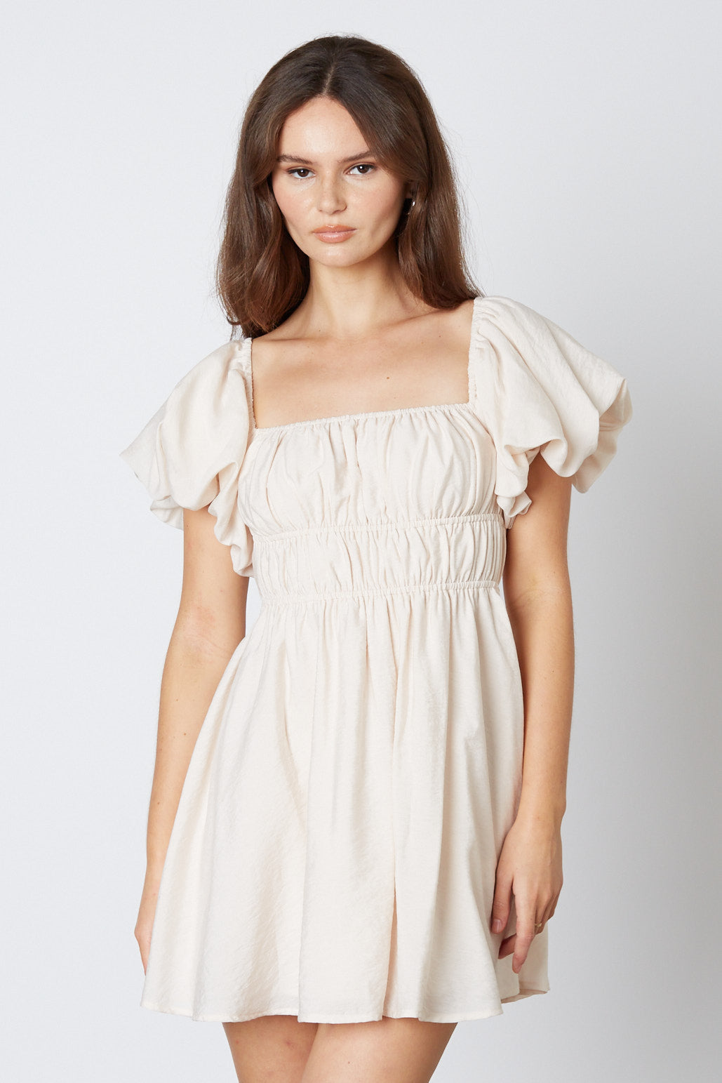 Puff Sleeve Mini Dress in Almond Front