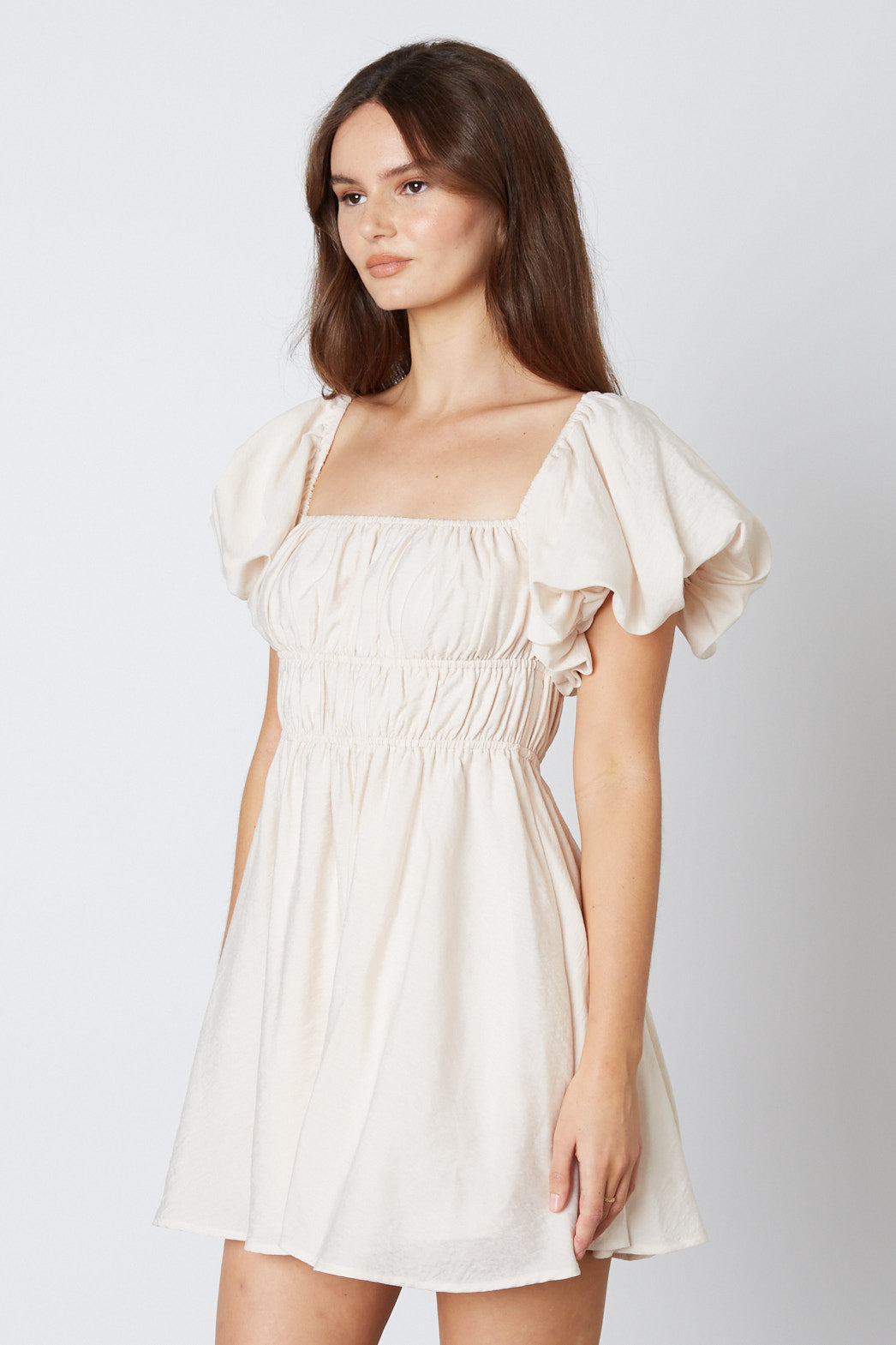 Puff Sleeve Mini Dress in Almond Side