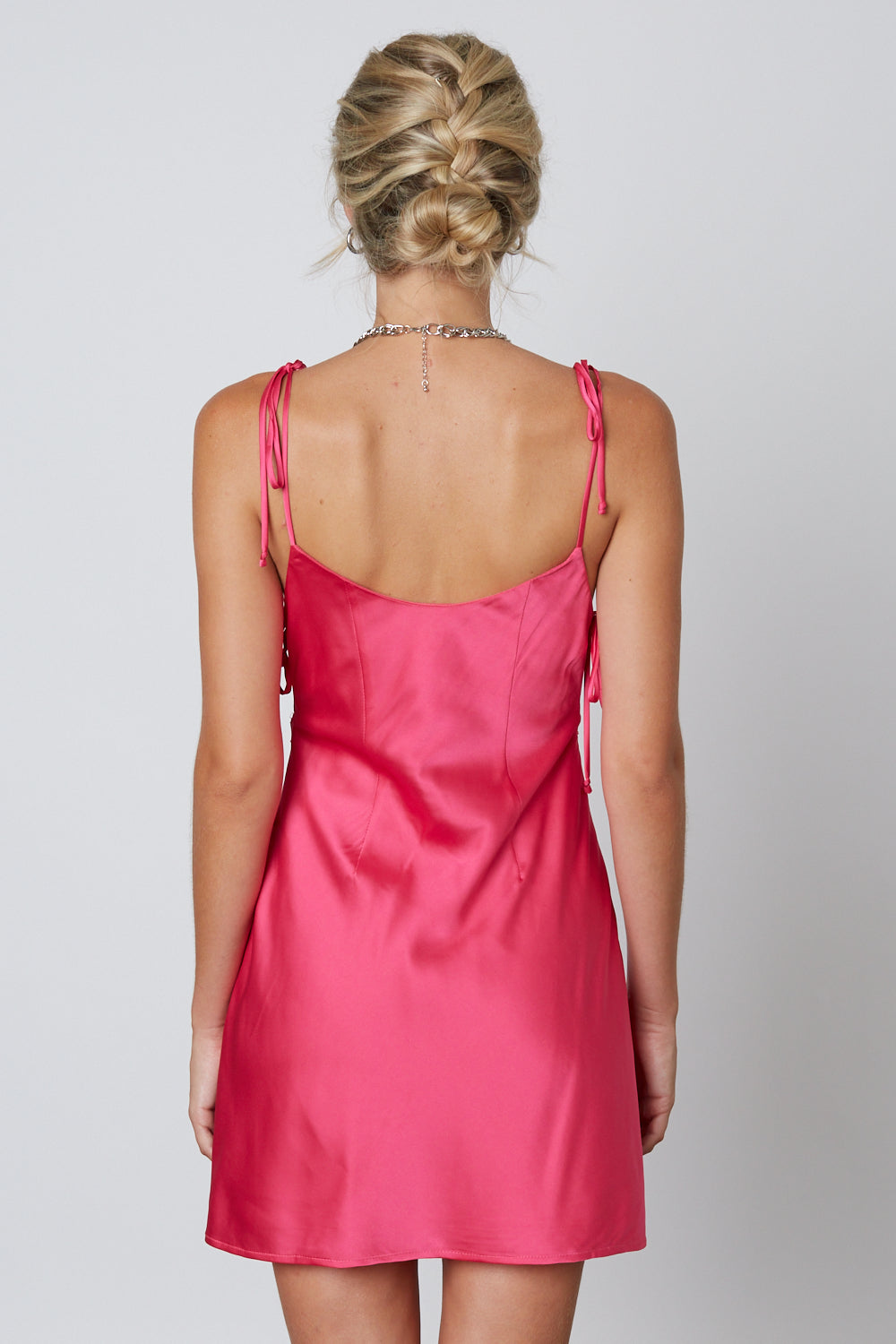 SATIN MINI DRESS IN PINK BACK VIEW