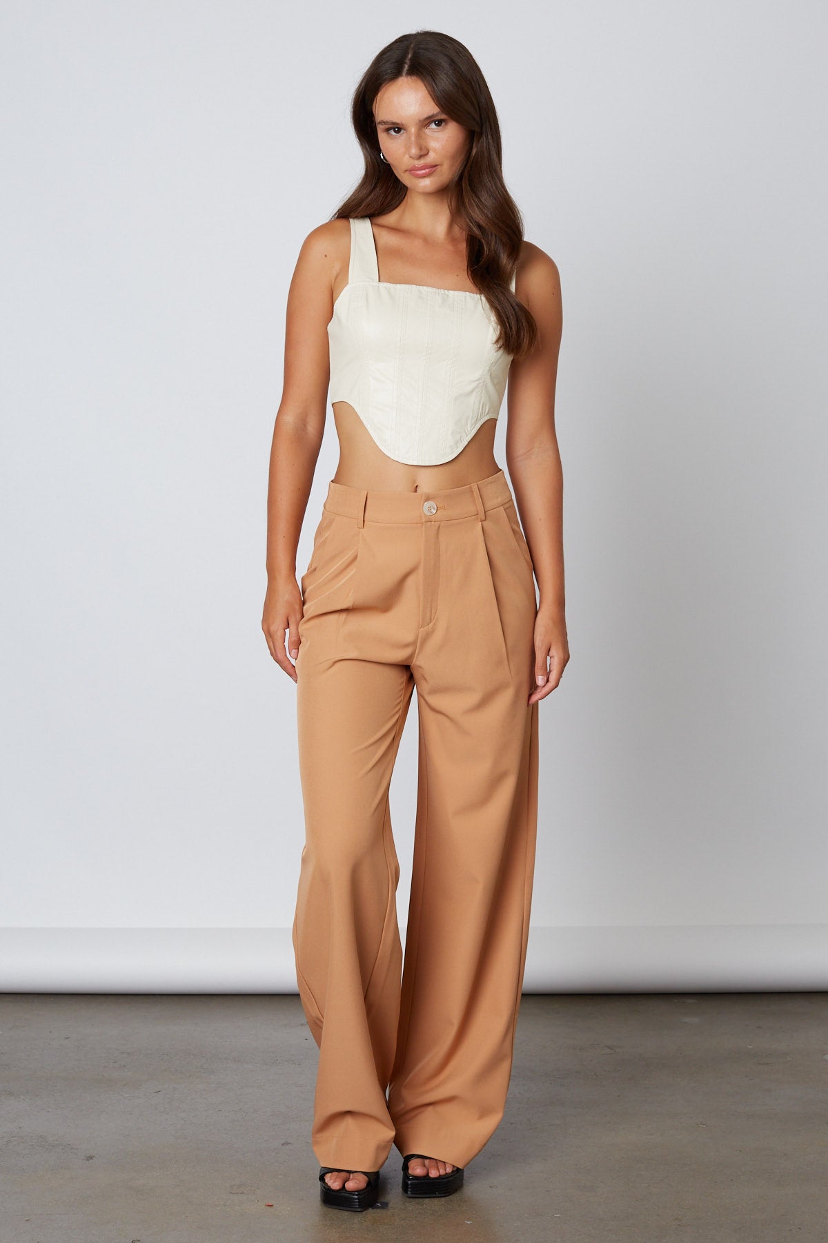 High Waisted Trousers in Tan Front View