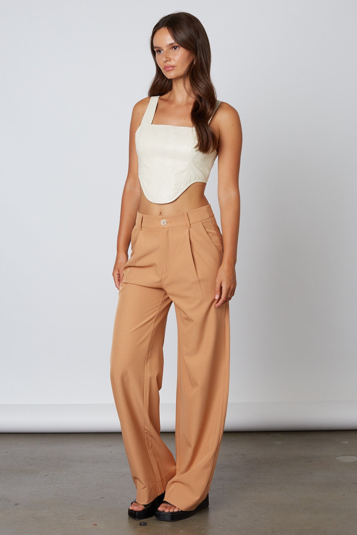High Waisted Trousers in Tan Side View