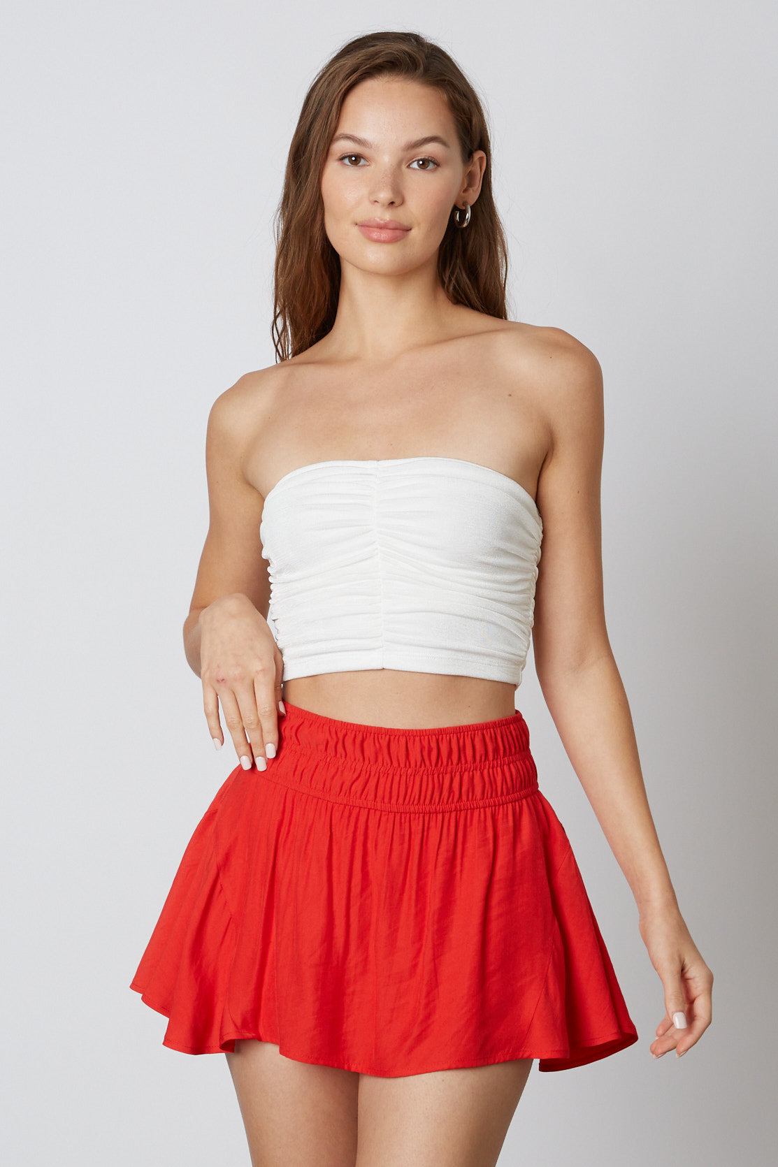 Red Smocked Mini Skirt Front