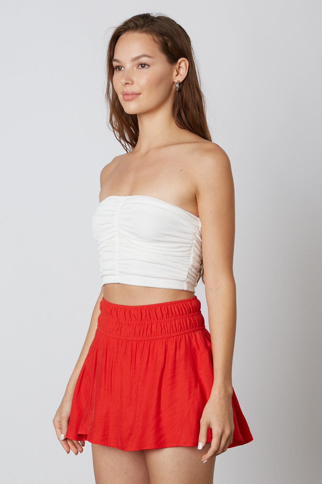 Red Smocked Mini Skirt Side