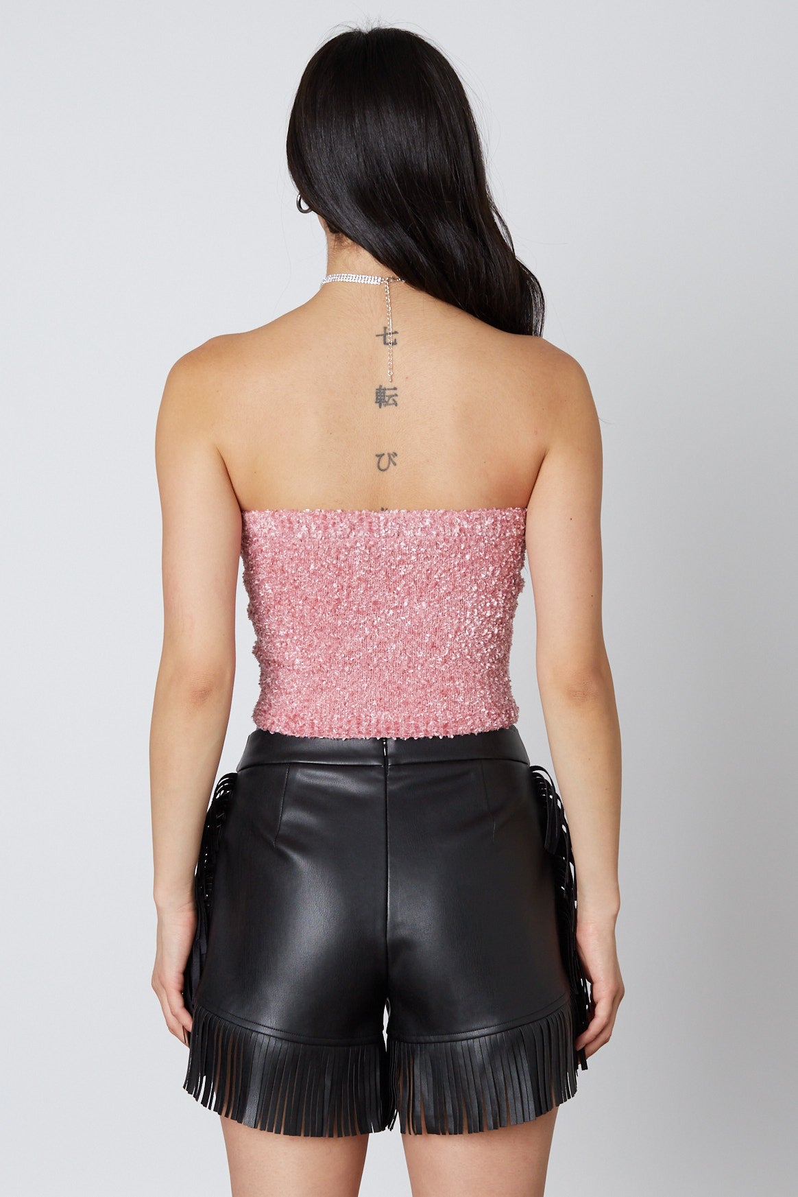 Faux Leather Fringe Shorts in Black Back