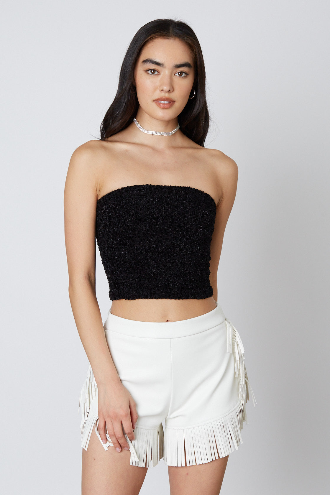 Faux Leather Fringe Shorts in White Front