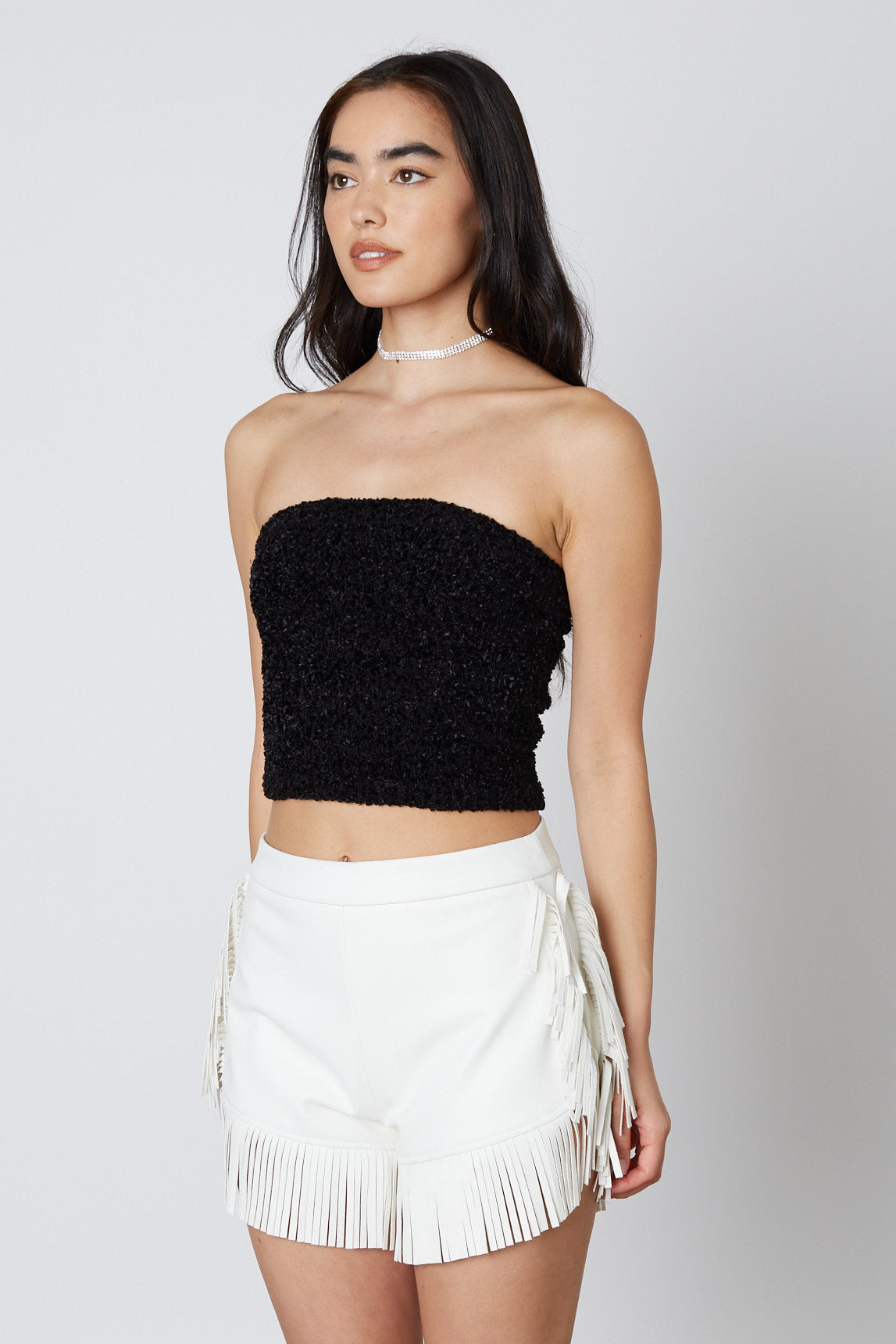 Faux Leather Fringe Shorts in White Side