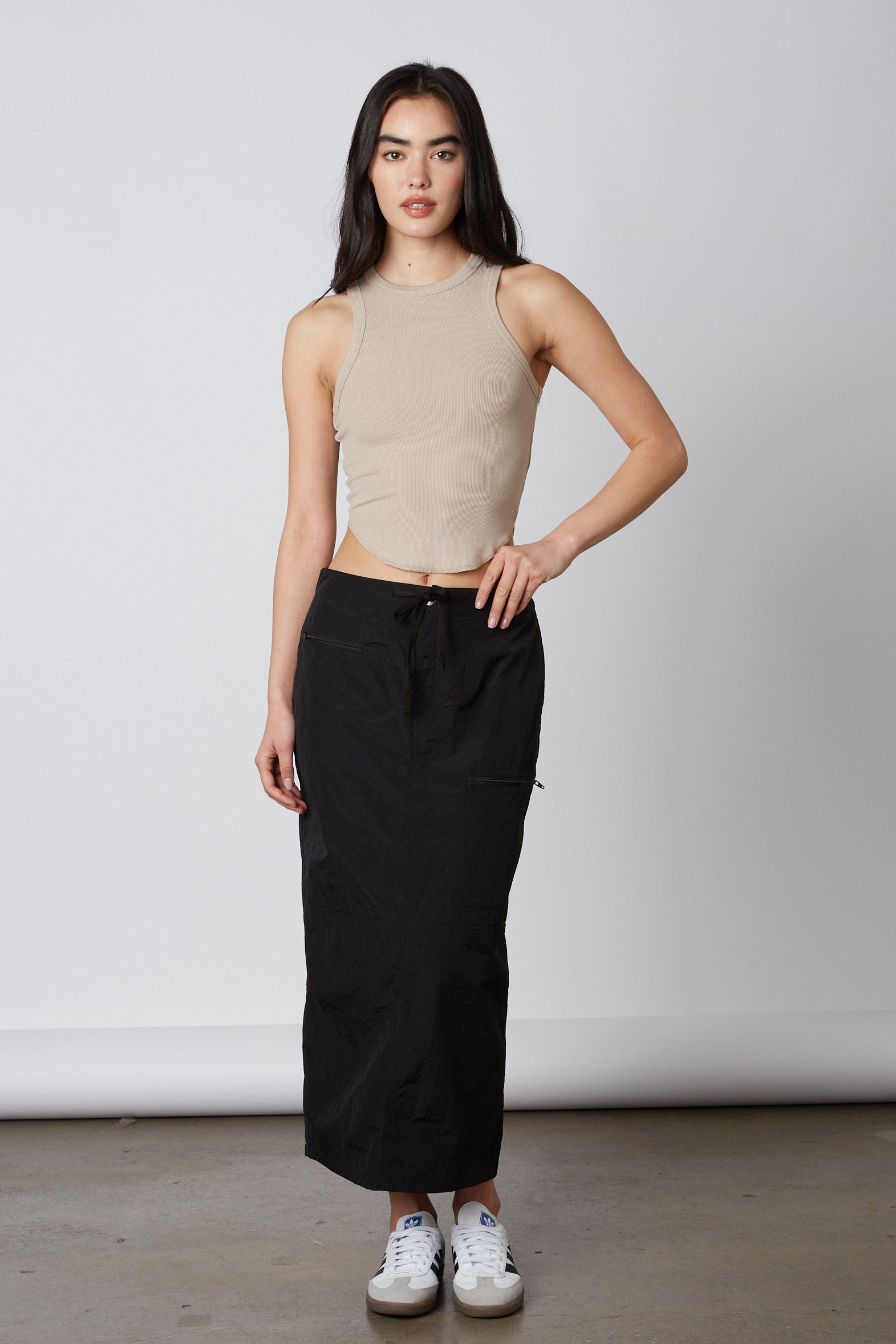 Nylon Cargo Midi Skirt in Black Front