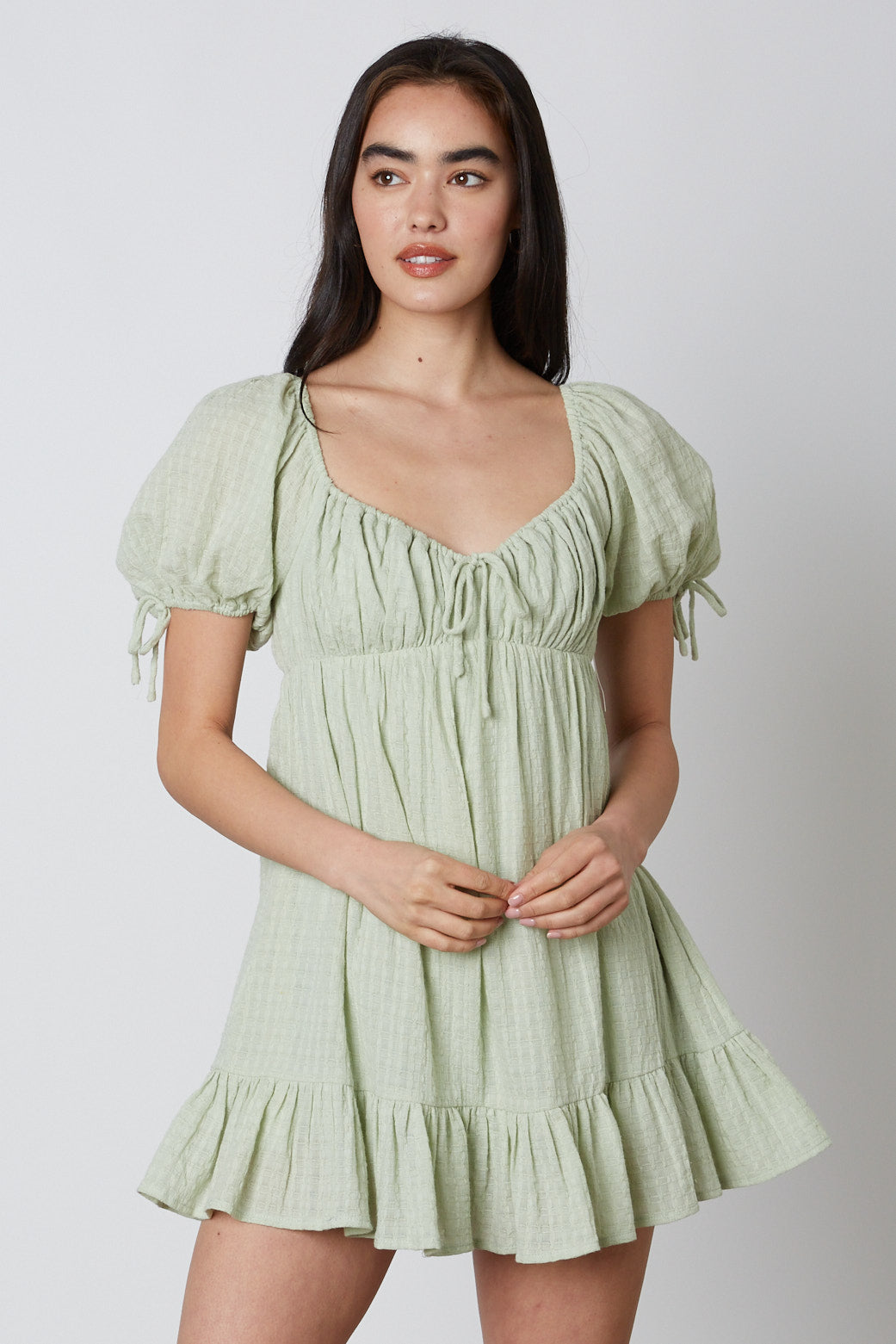 Puff Sleeve Babydoll Romper in Sage Front