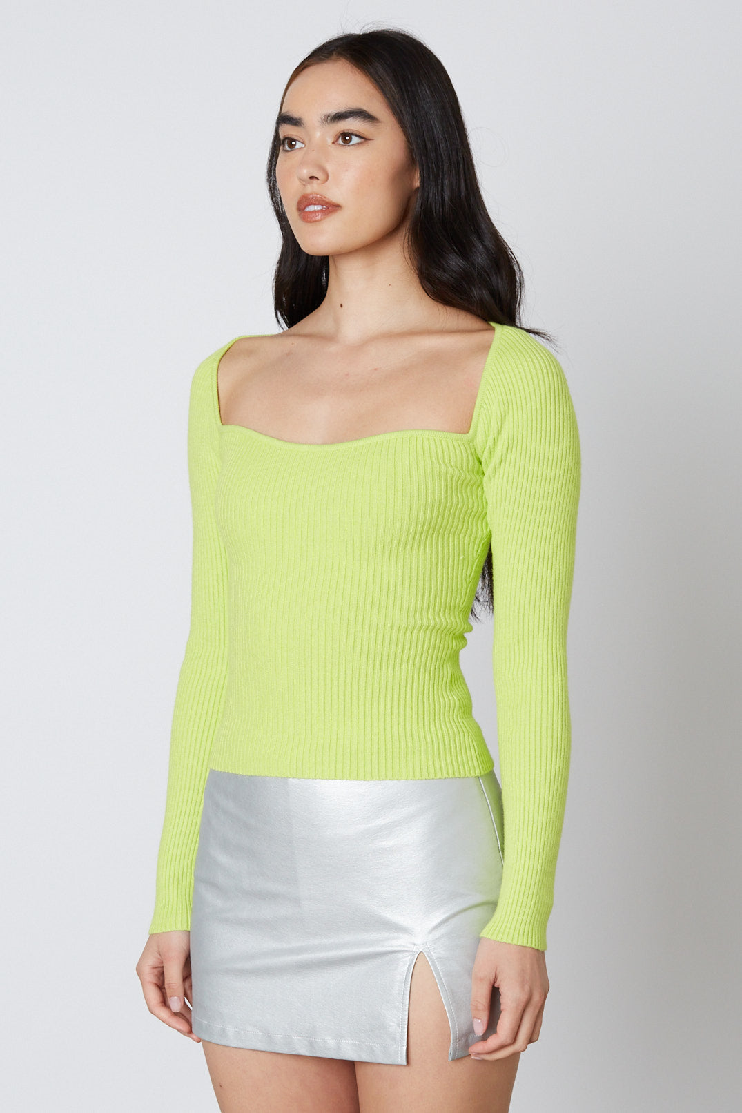 Knit Ribbed Long Sleeve Top in Lime Side
