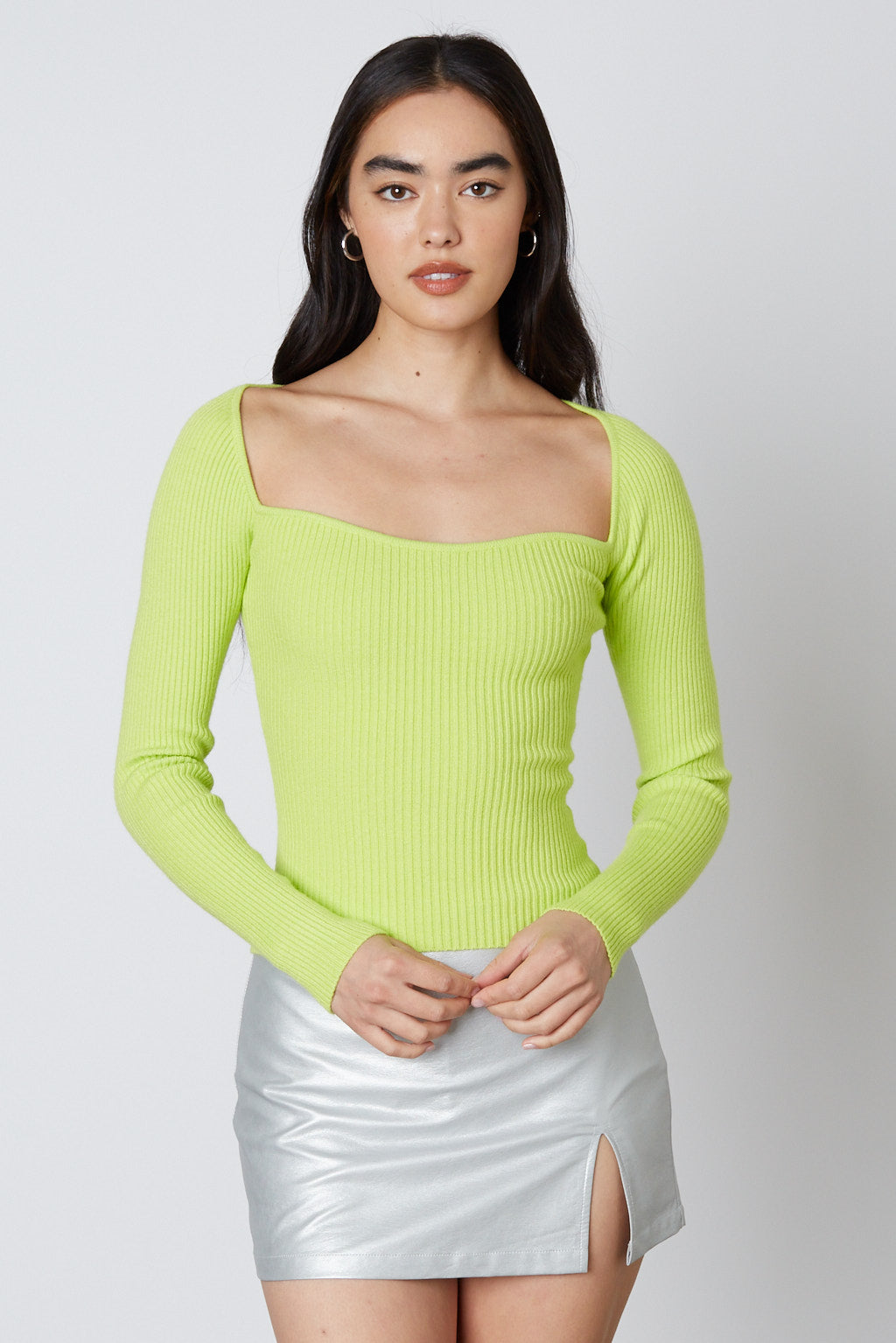 Knit Ribbed Long Sleeve Top in Lime Front