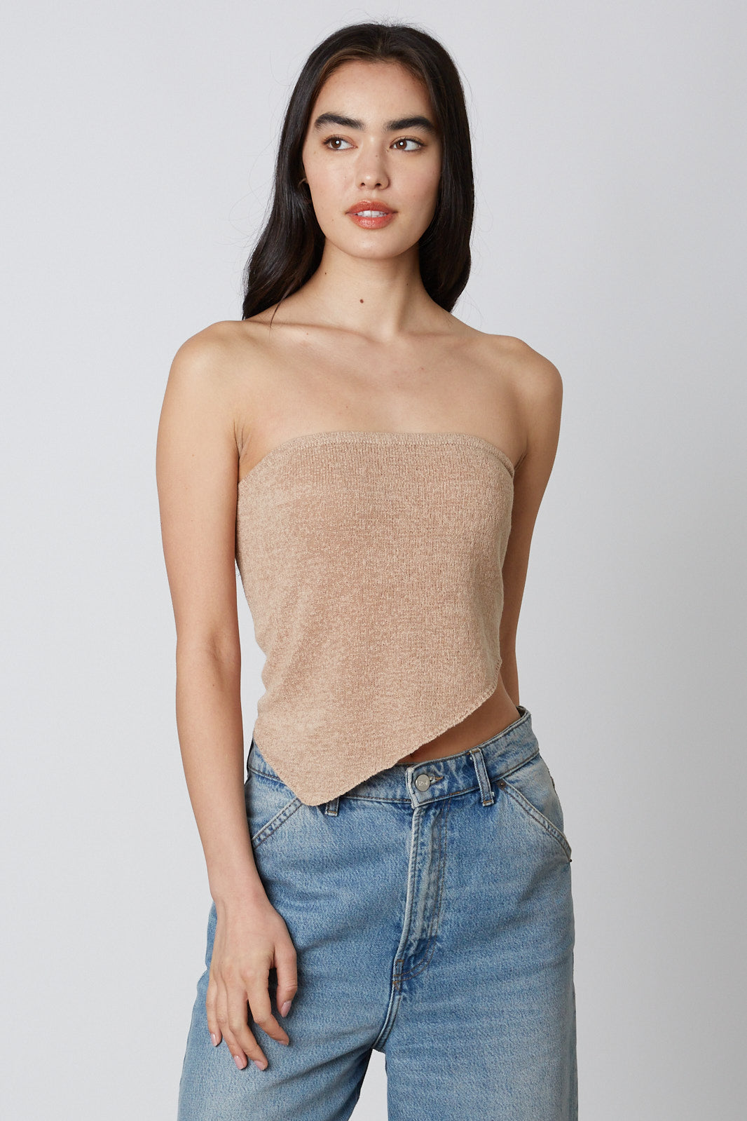 Taupe Knit Asymmetrical Top Front