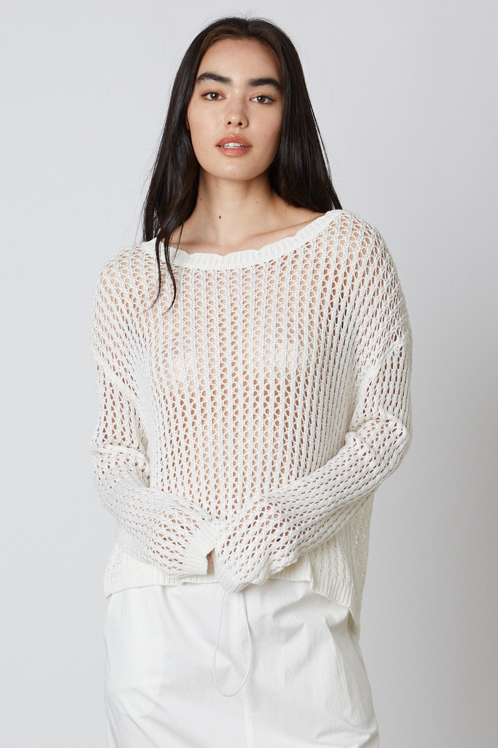 Knit Crochet Long Sleeve Top in White Front 1
