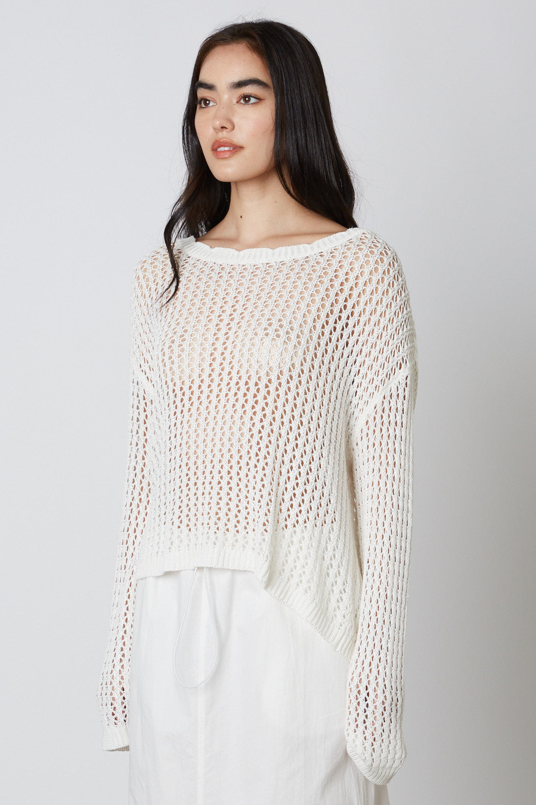 Sosana - Long Sleeve Crochet Open-Knit Striped Distressed Loose-Fit Sweater