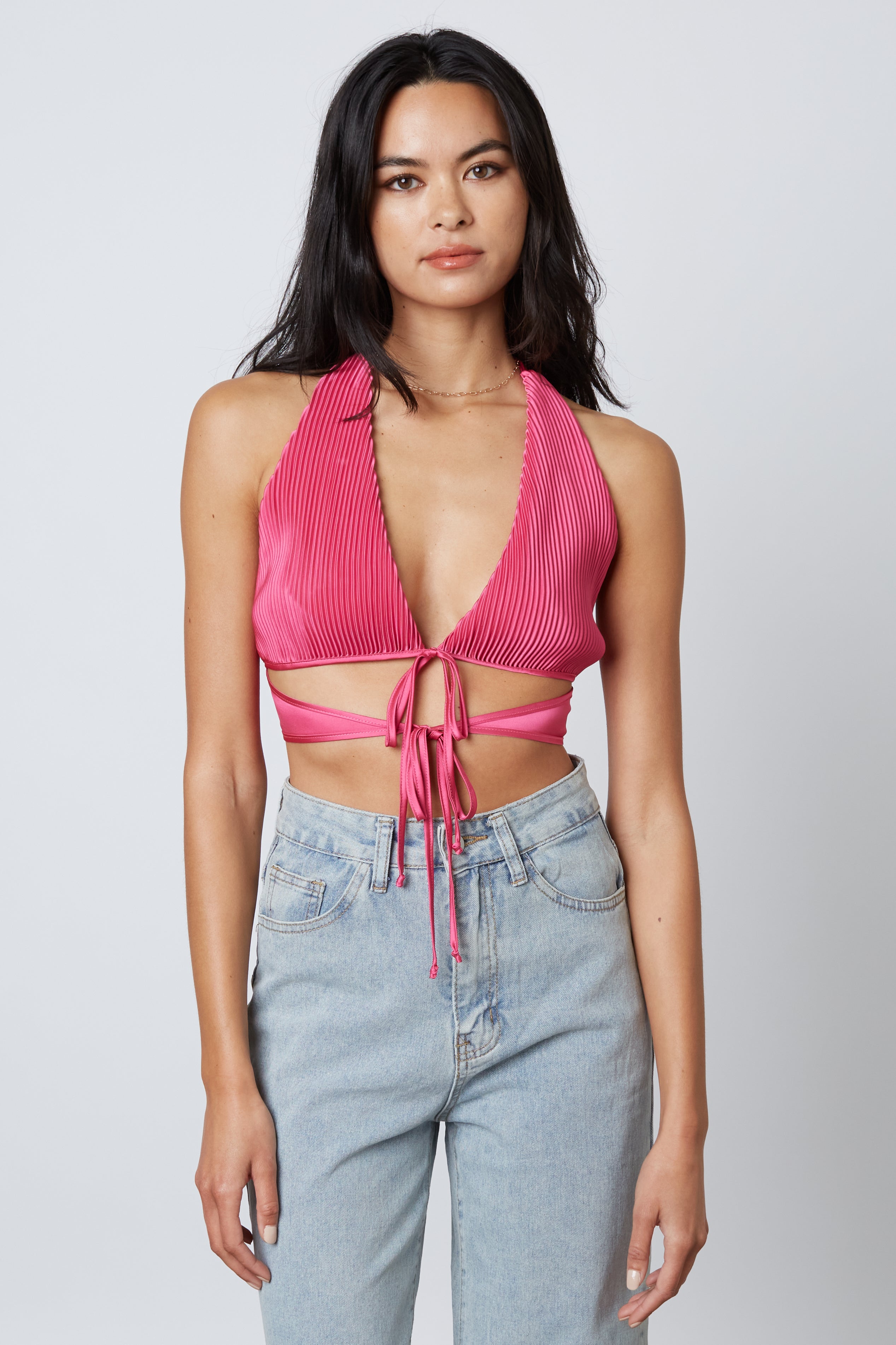 Pleated Halter Top in Fuchsia Front
