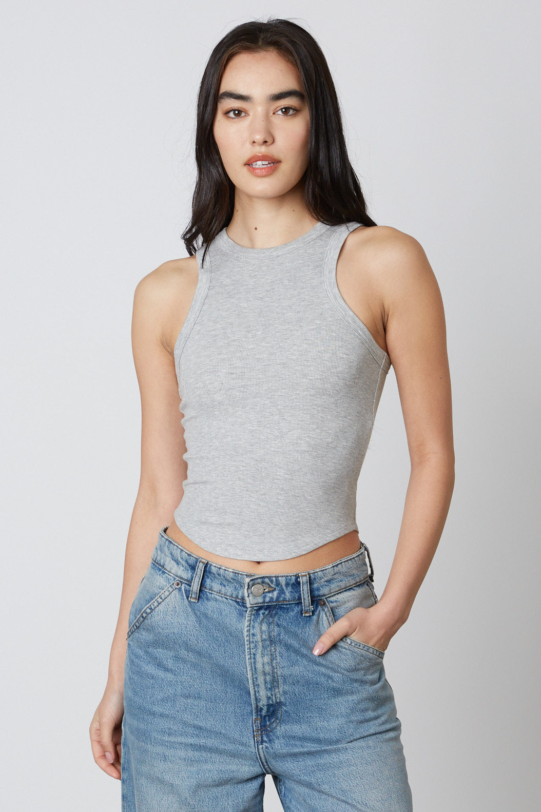 Ribbed Racer Back Tank in Heather Grey Front