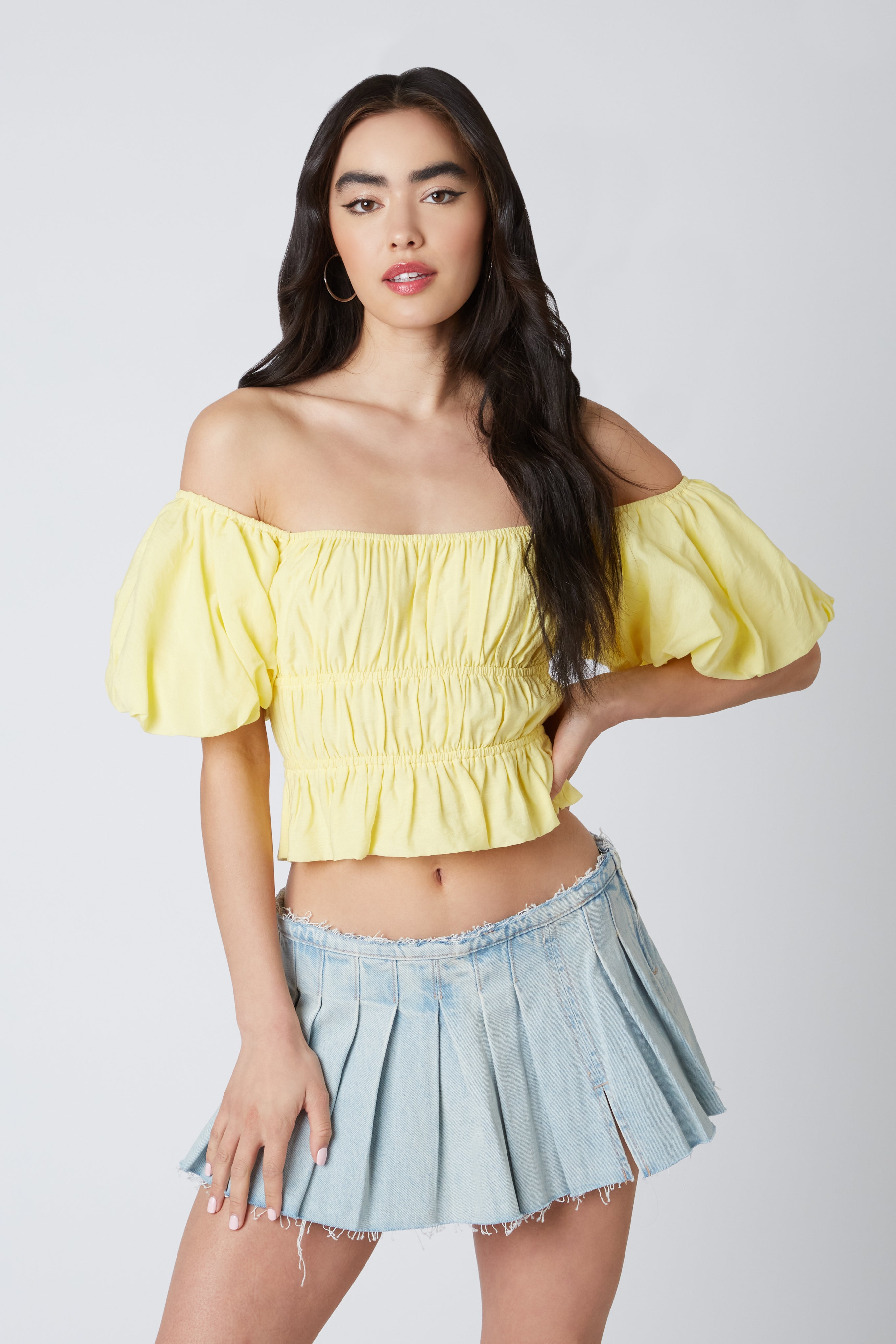Smocked Puff Sleeve Top in Banana Front
