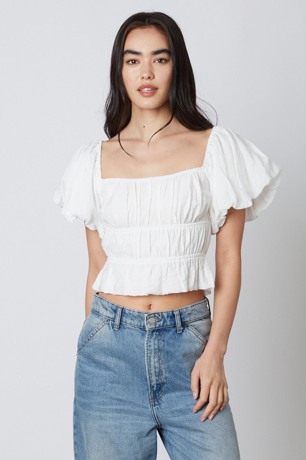 Smocked Puff Sleeve Top in White Front