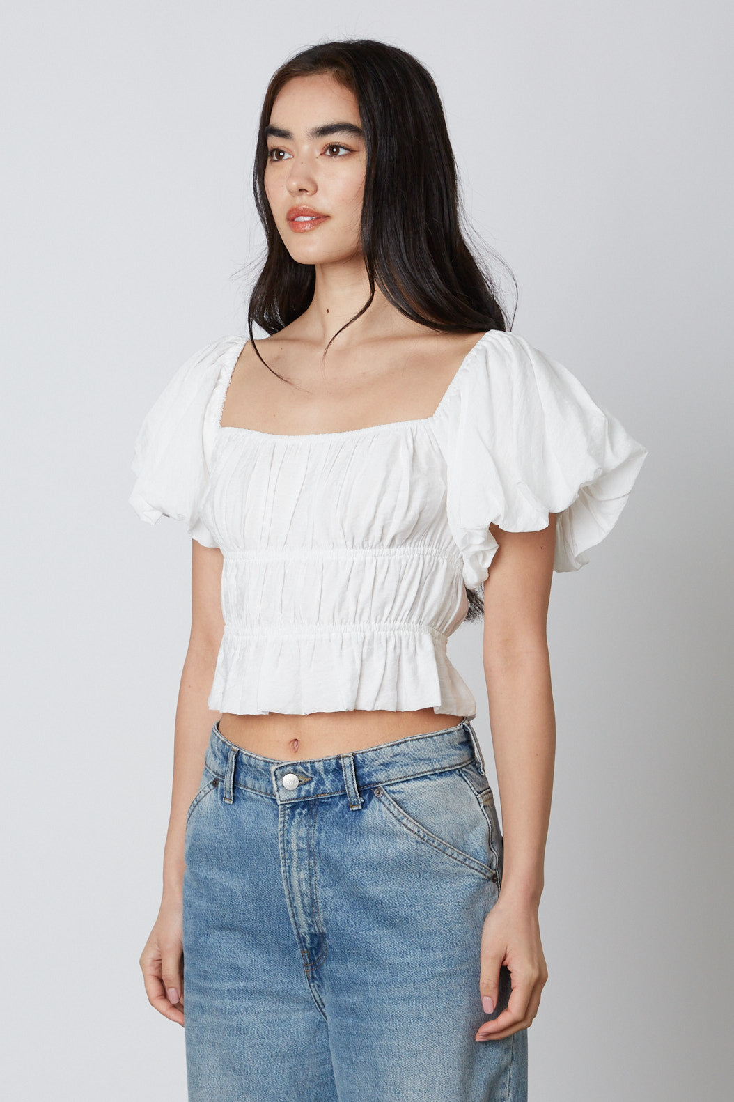 Smocked Puff Sleeve Top in White Side