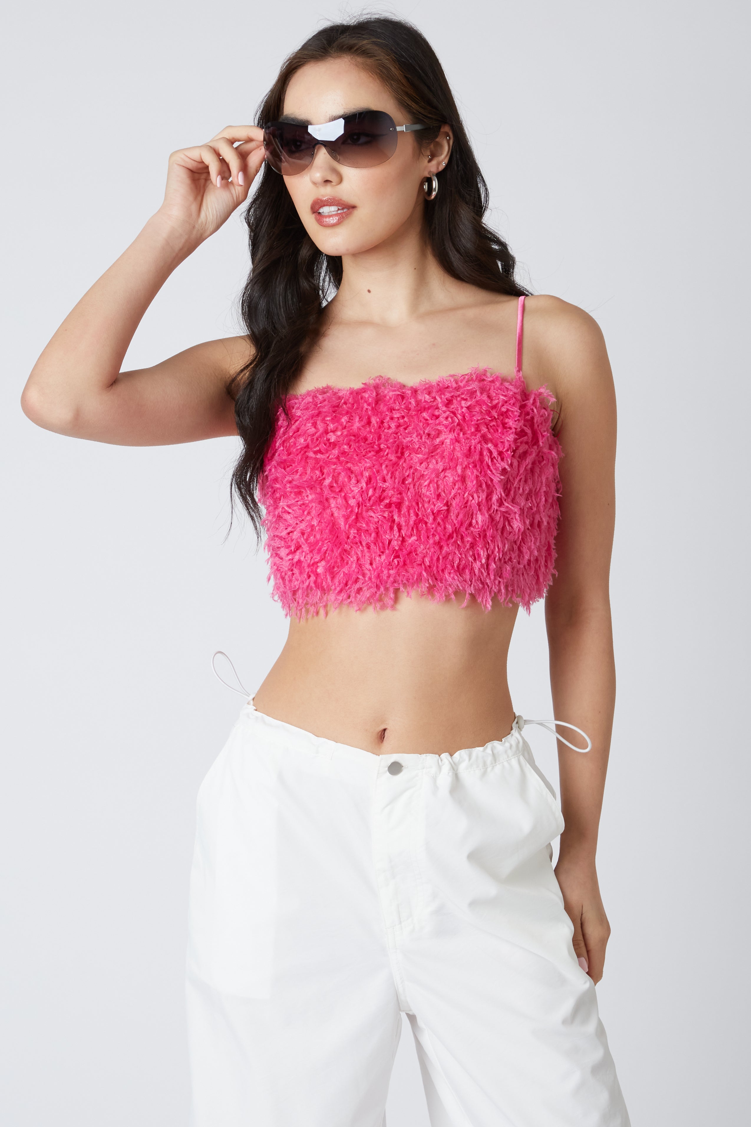 Faux Feather Crop Top in Hot Pink Front