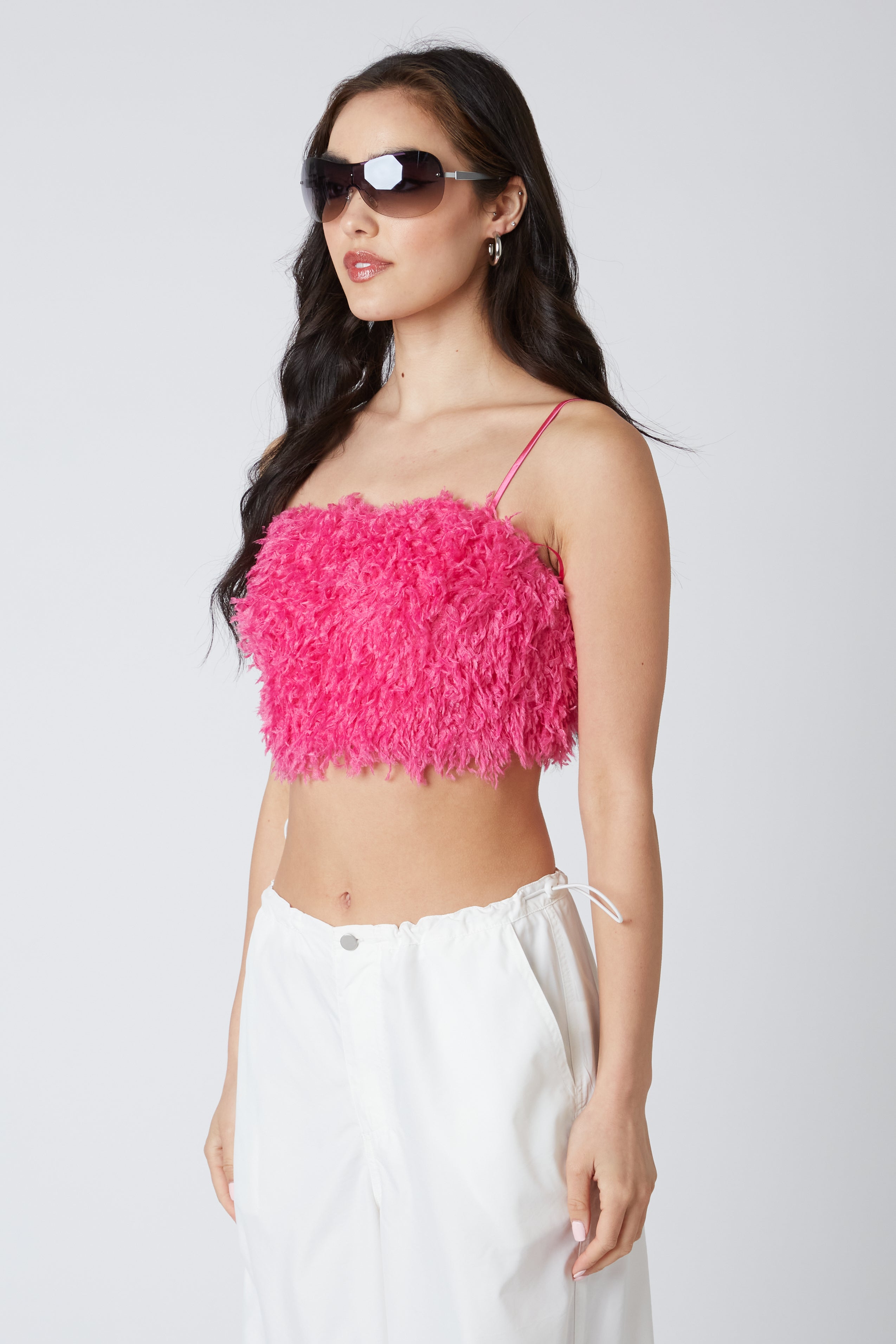 Faux Feather Crop Top in Hot Pink Side