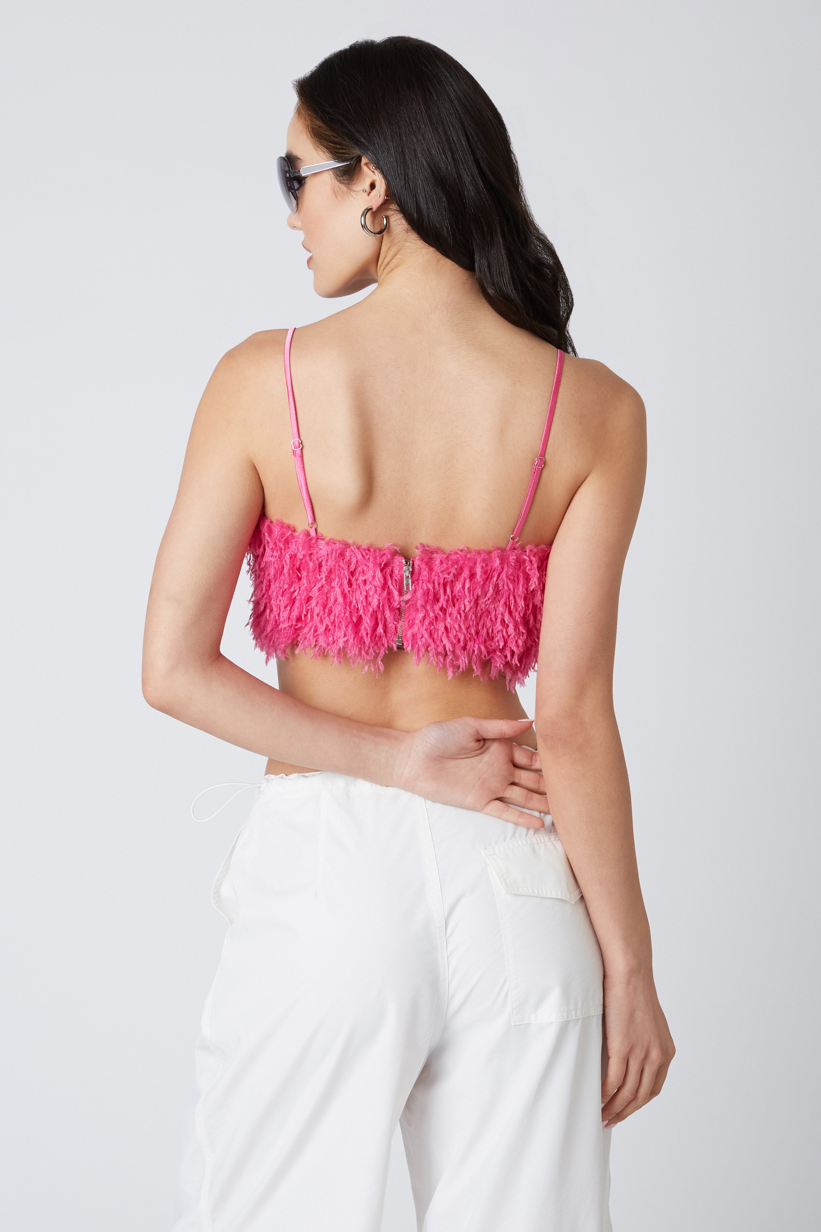 Faux Feather Crop Top in Hot Pink Back