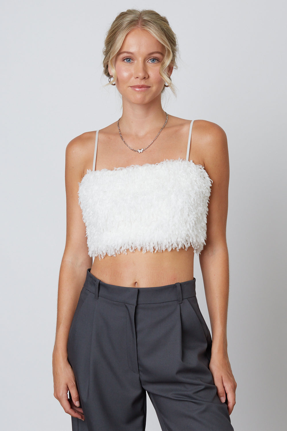Faux Feather Crop Top in White Front