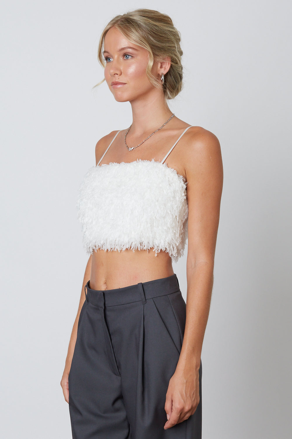Faux Feather Crop Top in White Side