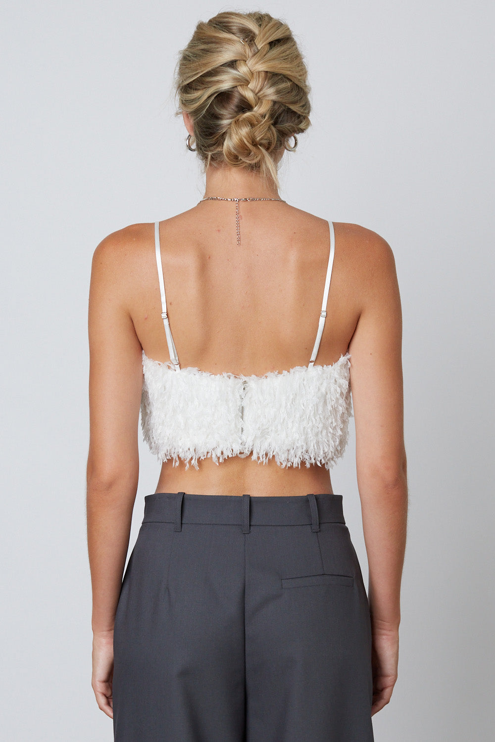 Faux Feather Crop Top in White Back